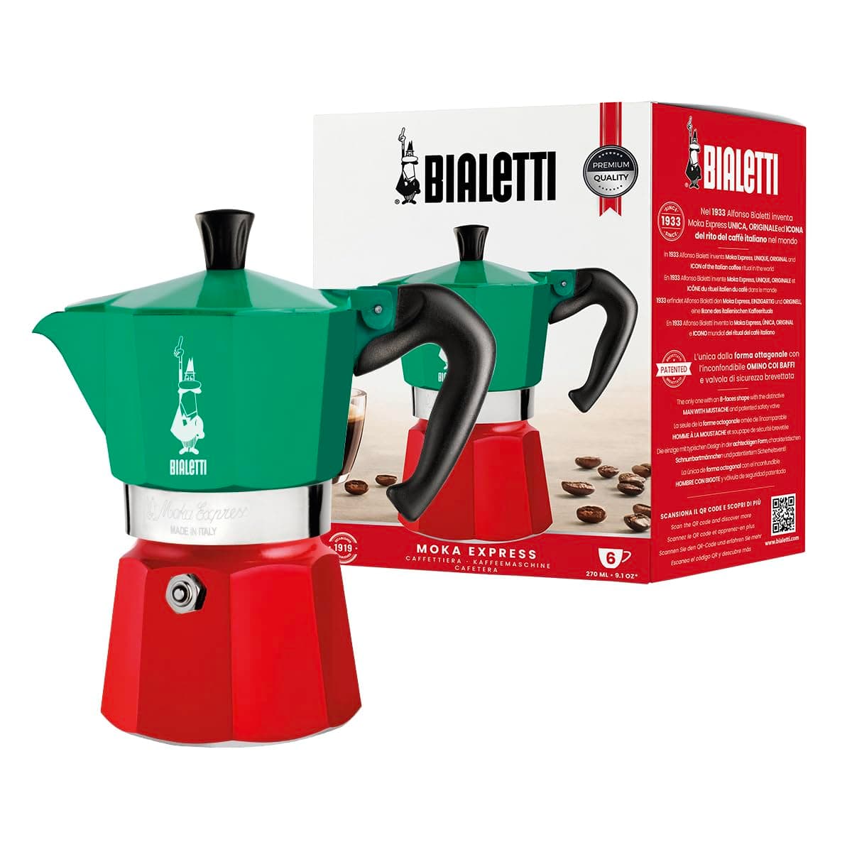 Bialetti Espresso Maker, Direct Flame, Mocha Express for 6 Cups, Coffee, Machinetta, Italy 005323