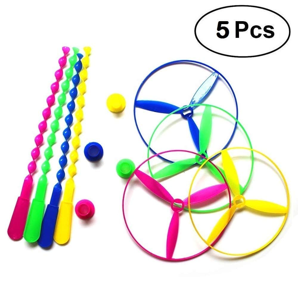 simple days 5 pcs/set bamboo dragonfly plastic flying saucers pull string spinning wheel outdoor toy- Multi color