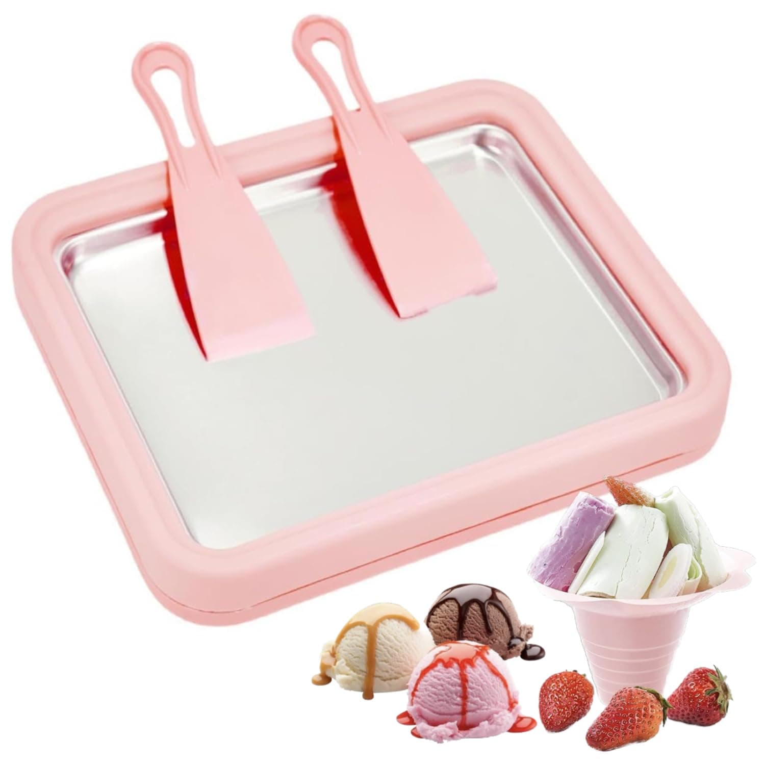 Big Ice Cream Roller Maker，Ice Cream Roll Dessert at Home，Ice Plate Ice Cream Roller Plate Anti-Griddle Pan with 2 Spatulas Easy Homemade Rolled Ice Cream, Frozen Treat Maker (Big Pink)