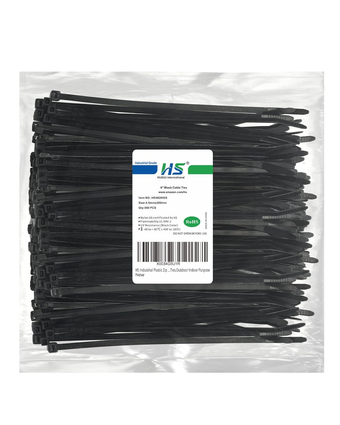 HS Thick Zip Ties 8 Inch x 3/16" (Bulk-500 Count) UV Black Cable Ties 50 Pounds Heavy Duty Self-Locking Strap Ties for Automotive,Outdoor Fence Purpose