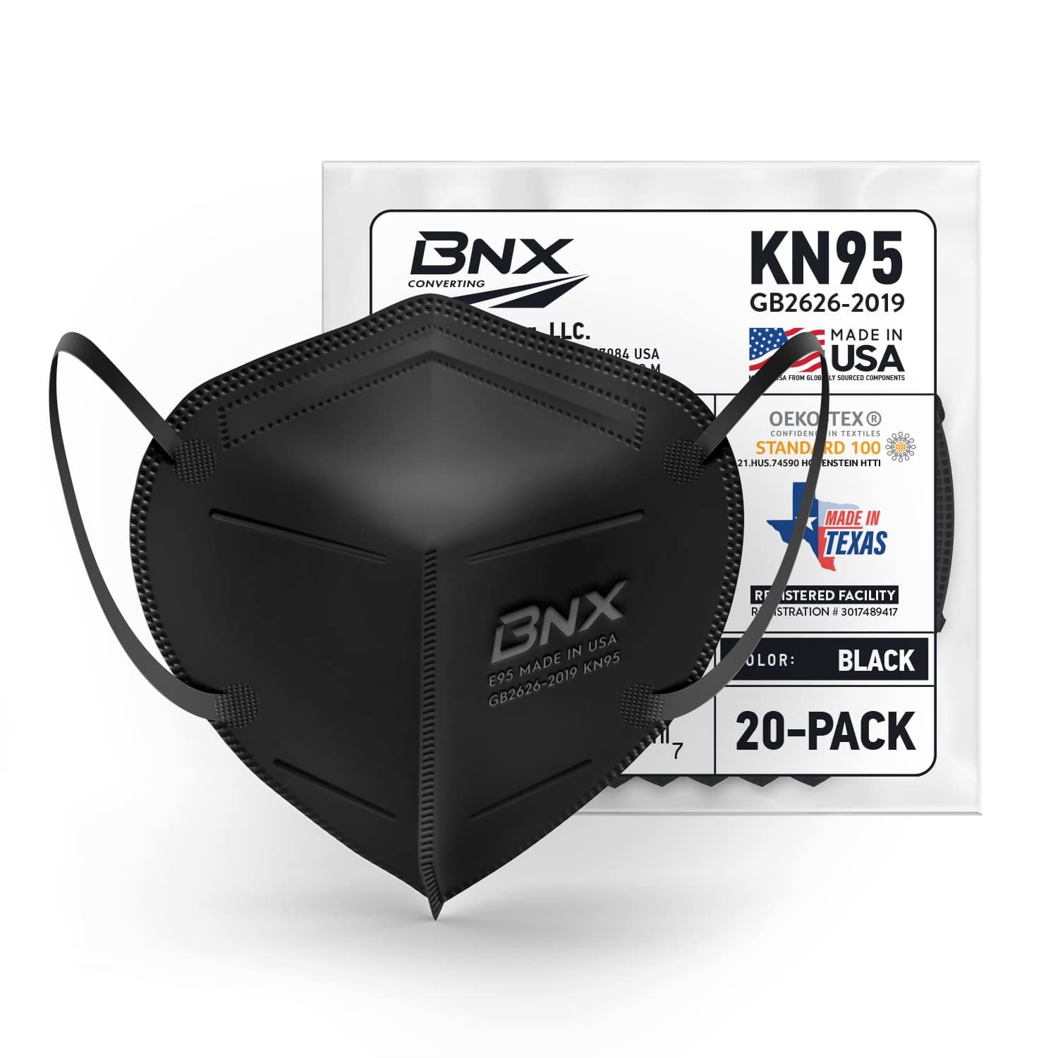 BNX KN95 Face Masks Made in USA (20-Pack), (Earloop) (Model: E95)