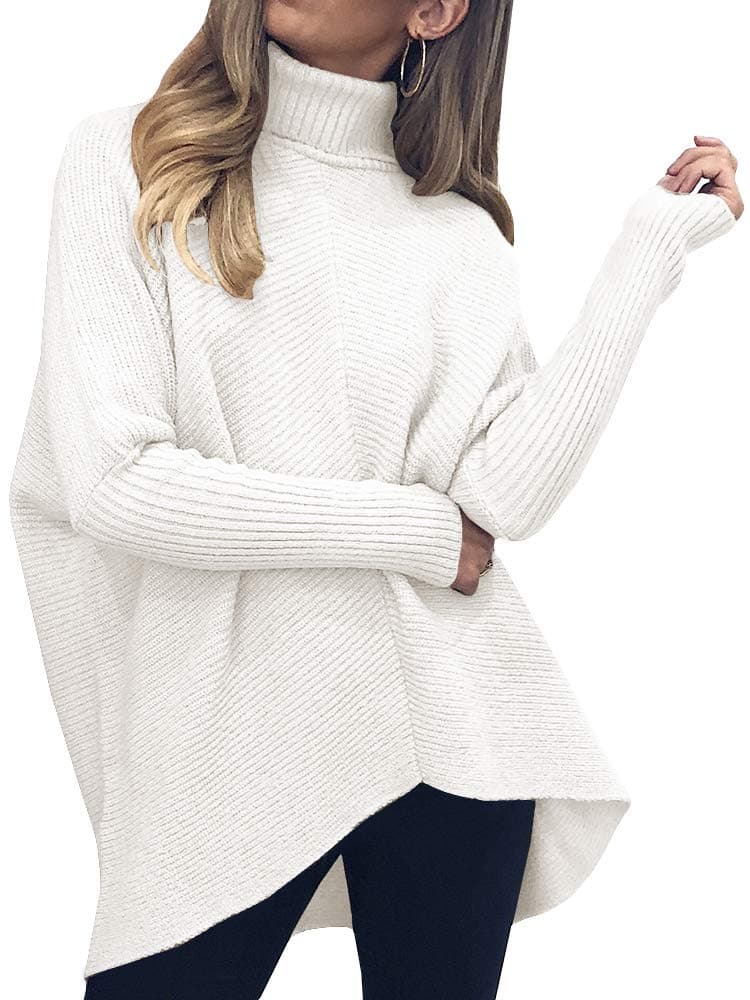 Womens Turtleneck Ribbed Knit Pullover Sweaters Batwing Long Sleeve Asymmetric Hem Casual Fall Jumper Top