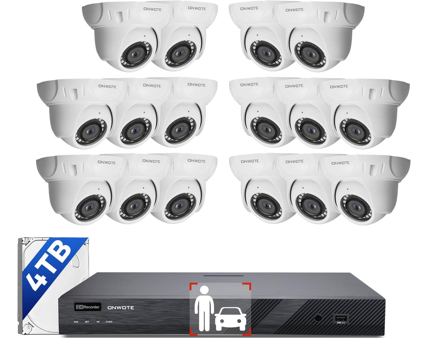 ONWOTE 16 Channel NVR PoE Security Camera System, 12MP 4K 16CH Commercial NVR 4TB, 16x 6MP Wired Outdoor 122° IP Cameras with Audio, AI Detection, 16x Cables (Total 1280ft), CCTV for Business Home