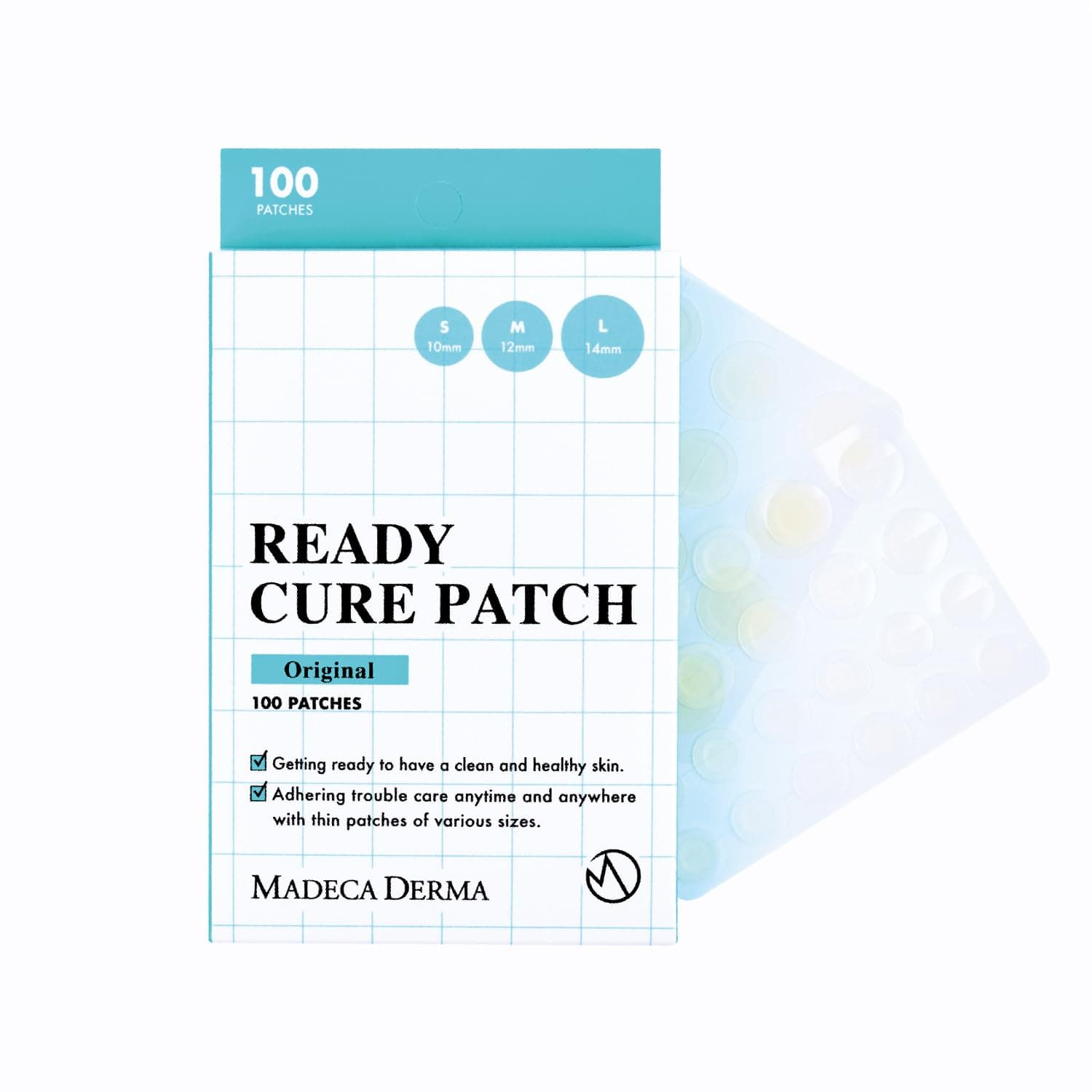 DERMA Ready Cure Patch Original – Hydrocolloid Acne Patches, Large Pack for Long-Term Use, Multi-Size for Spot, Pimple, Zits & Blemishes Coverage, Ideal for Daily Use (100 Patches / 10,12,14mm)