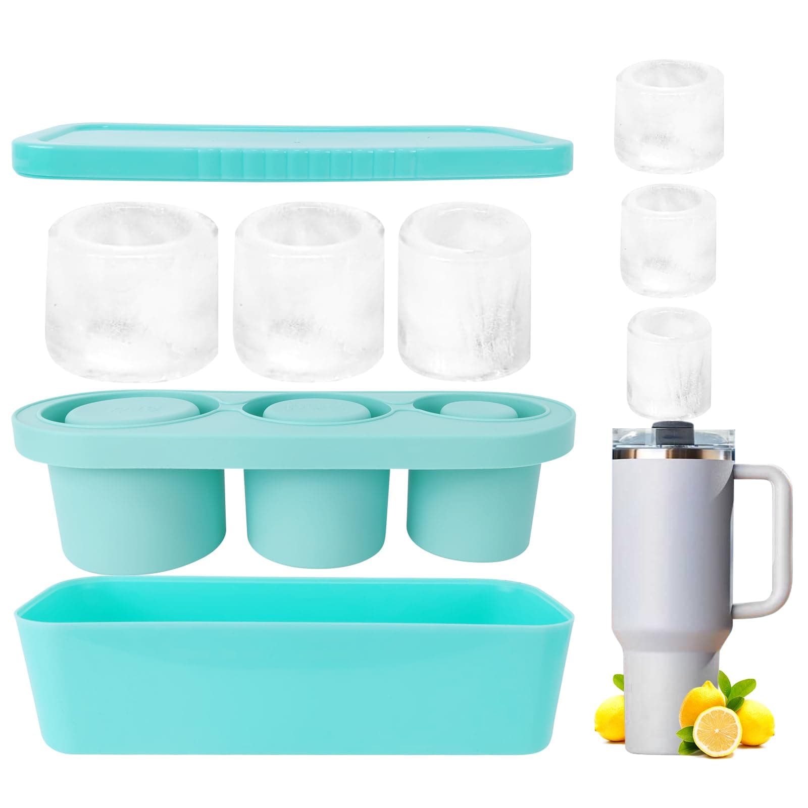 Ice Mold Tray for Stanley Cup,Ice Cube Trays with Lids for 20/30/40 oz Tumblers,Silicone Stanley Cup Ice Mold for Making 3 Hollow Cylinder Ice Molds for Chilling Whiskey Cocktail Drink Coffee