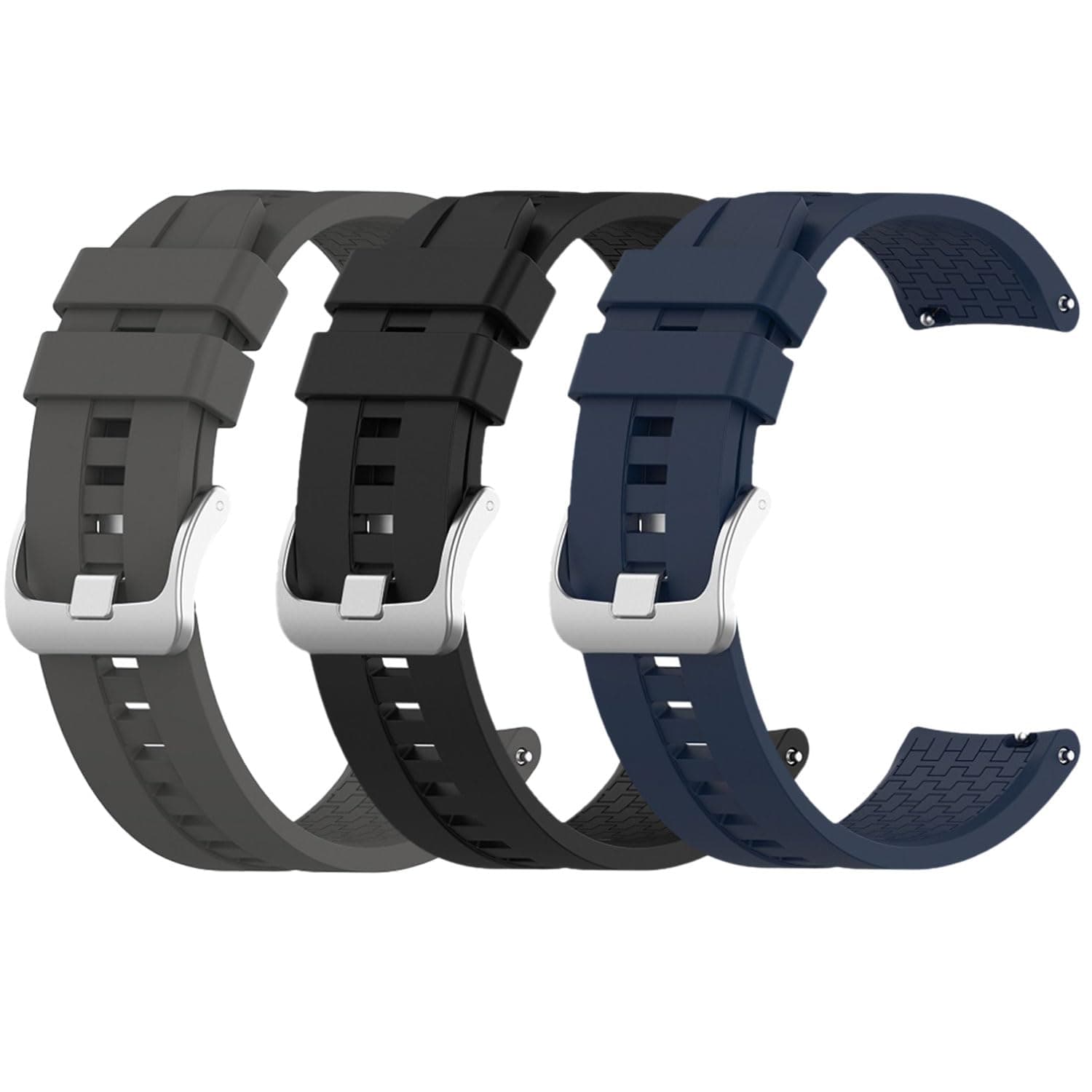 Silicone Watch Band Set with Waterproof Function, 22mm Compatible with Huawei GT3 Pro/GT3/GT2 Pro/GT2 46mm and Samsung Watch3 - Pack of 3 (Black/N Blue/Gray)