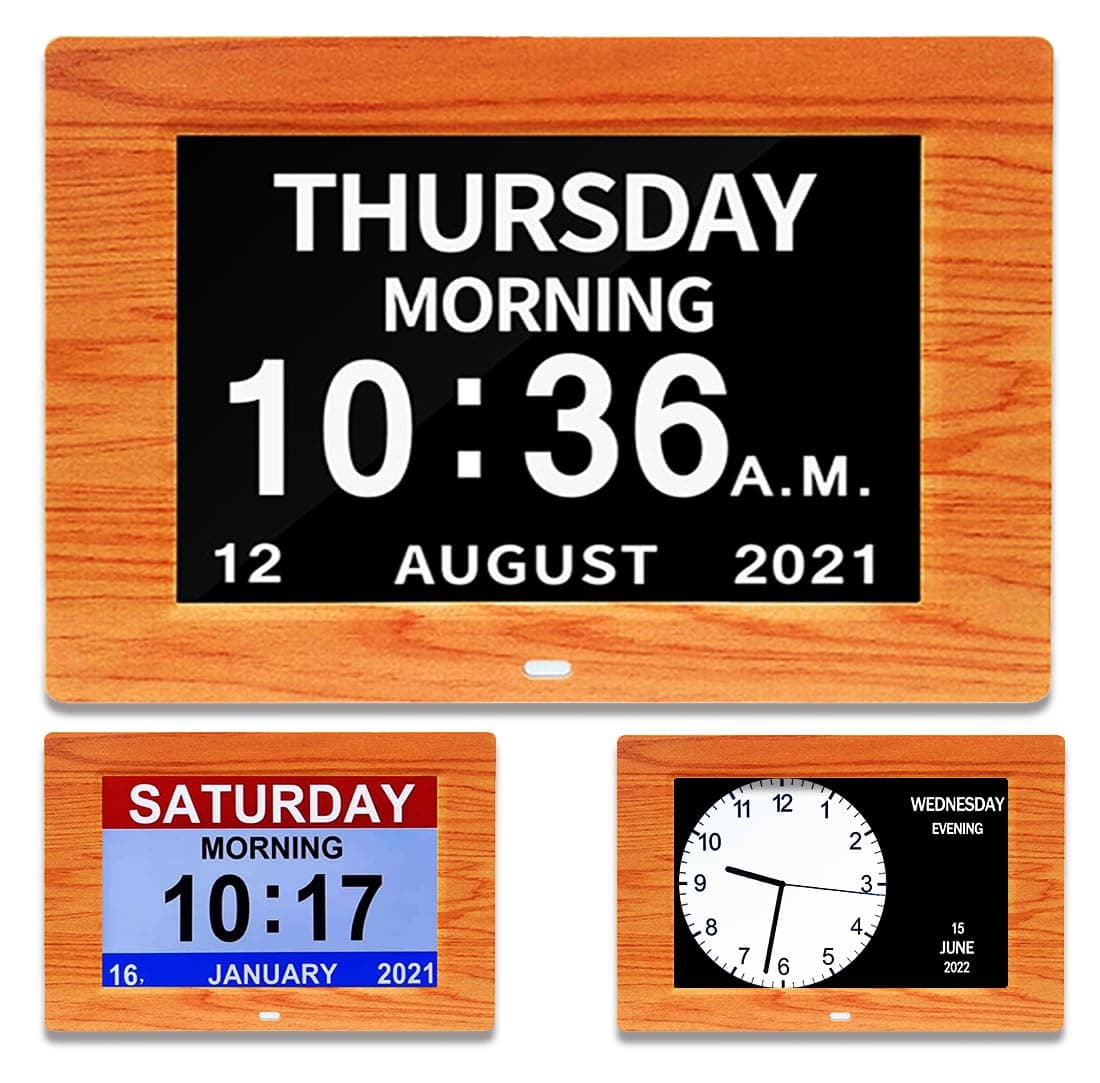 AINFTIME Clock with Day and Date for Elderly-3 Colors Display Digital Calendar Alarm Clock Dementia Alzheimers Clock with Extra Large Display (7in Woodgrain)