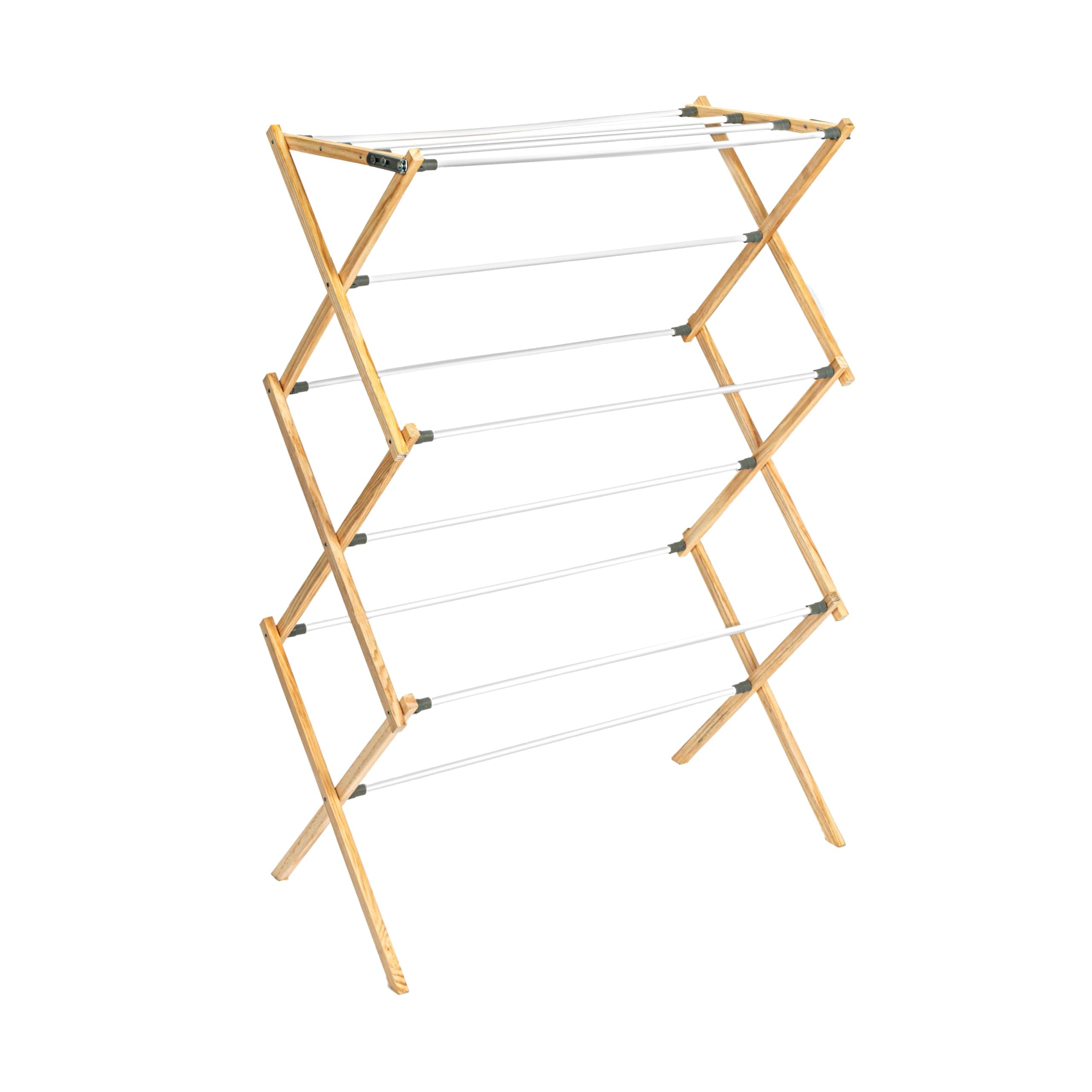 X-Frame Clothes Drying Rack, Stabile Wood Frame with Slanted Feet, Smooth Vinyl Wrapped Rods, 23.8 Feet of Hanging Space, Ready to Assemble, Flat Top, Natural