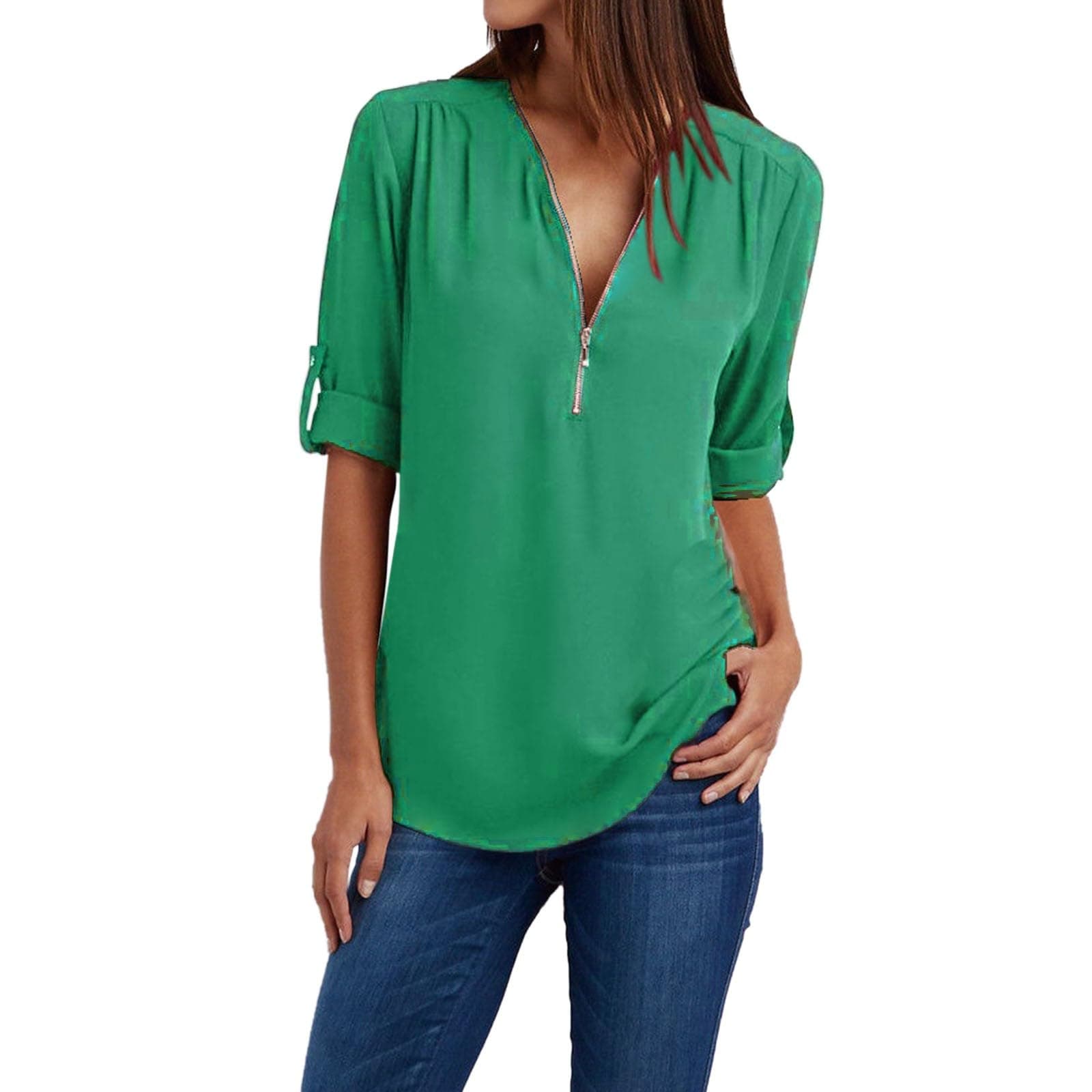 Women's 3/4 Sleeve Shirt Zipper Work Blouses Pullovers V Neck Casual Tunics Tops Chiffon Pull-up Sleeves Shirts