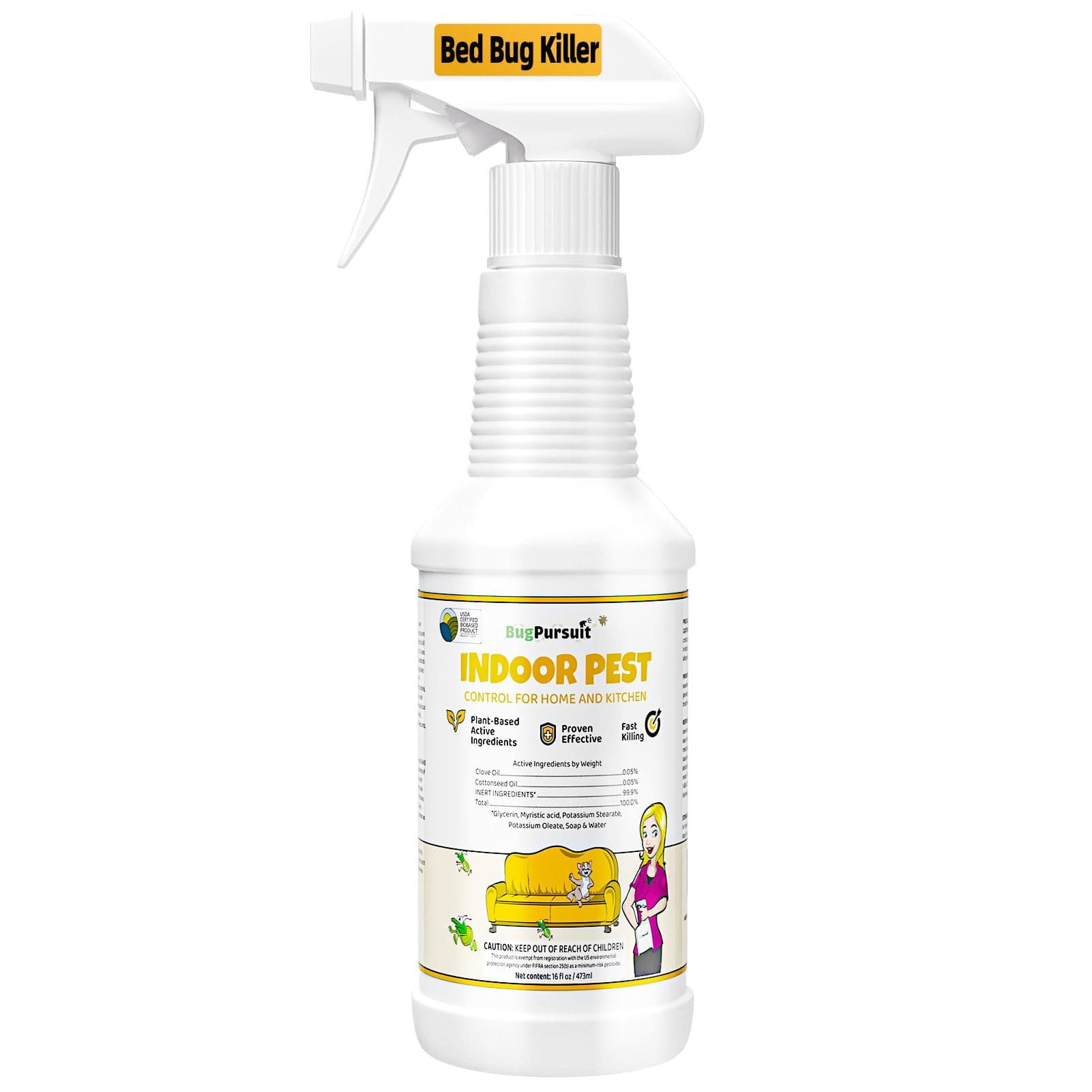 Indoor Pest Control Spray 16oz for Home and Kitchen –Bug Killer & Insect Repellent, Kills Carpet Beetles, Ants, Spiders, Beg Bugs, Roaches, Flea & Tick- Non Staining-Child and Pet Safe
