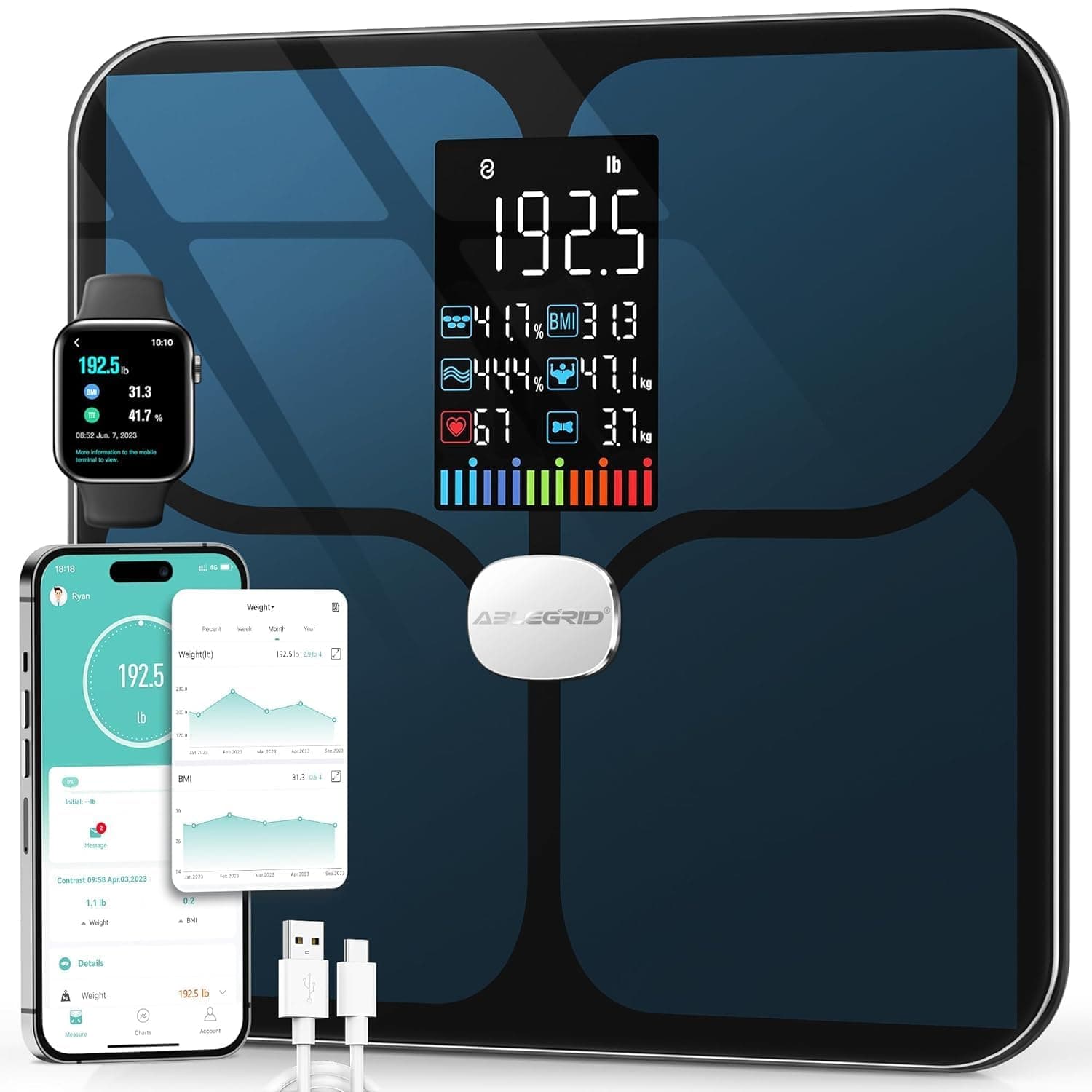 ABLEGRID Body Fat Scale,Digital Smart Bathroom Scale for Body Weight, Large Color Display Screen, 22 Body Composition Metrics BMI, Water Weigh, Heart Rate, Baby Mode, 400lb, Rechargeable
