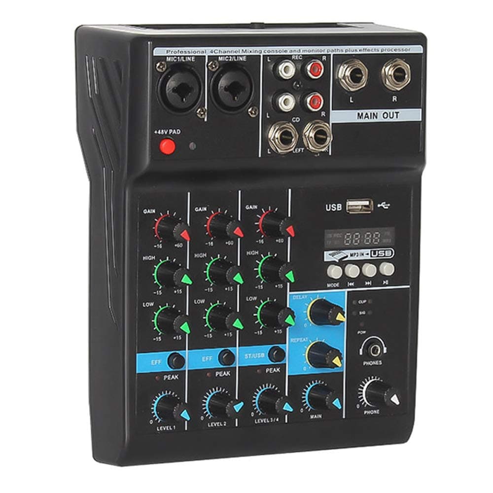 Professional Audio Mixer, Sound Board Console System, Interface 4 Channel Digital USB Bluetooth MP3 Computer Input 48V Phantom Power Stereo DJ Studio Streaming FX 16-Bit DSP Processor