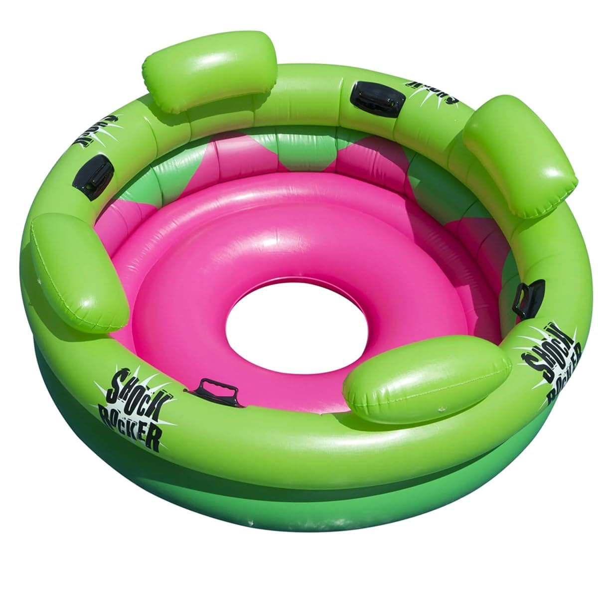 Inflatable Island Pool Lounger – Multi-Person Conversation Float with Backrest & Armrests, Large 75", Shock-Rocker Style, Green & Pink