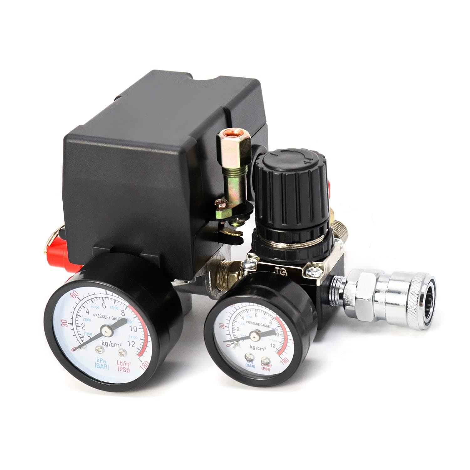 QWORK® Air Compressor Pressure Switch Control Valve, 90-120PSI Pressure Regulator with Pressure Gauges Fittings Set