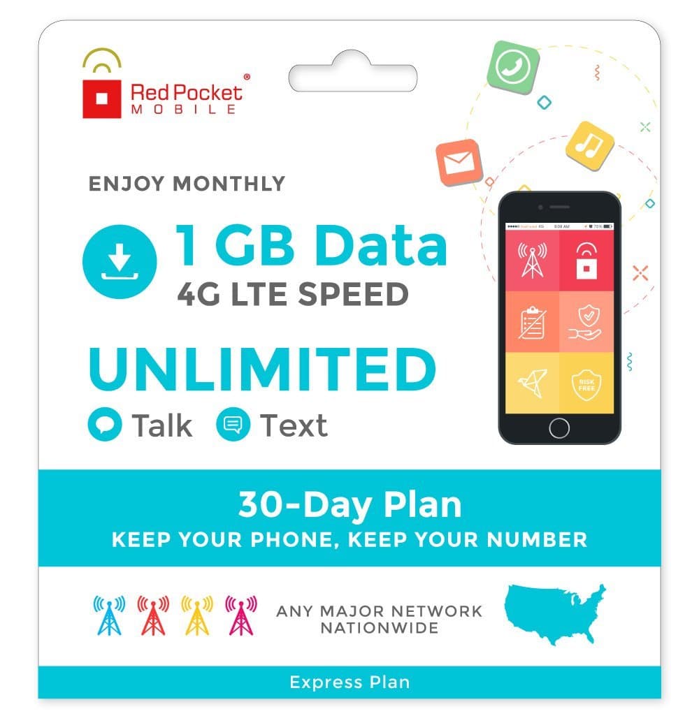 Red Pocket Mobile Express 30 Day Prepaid Phone Plan, No Contract, Free SIM Kit; Unlimited Talk, Unlimited Text & 1 GB of LTE Data