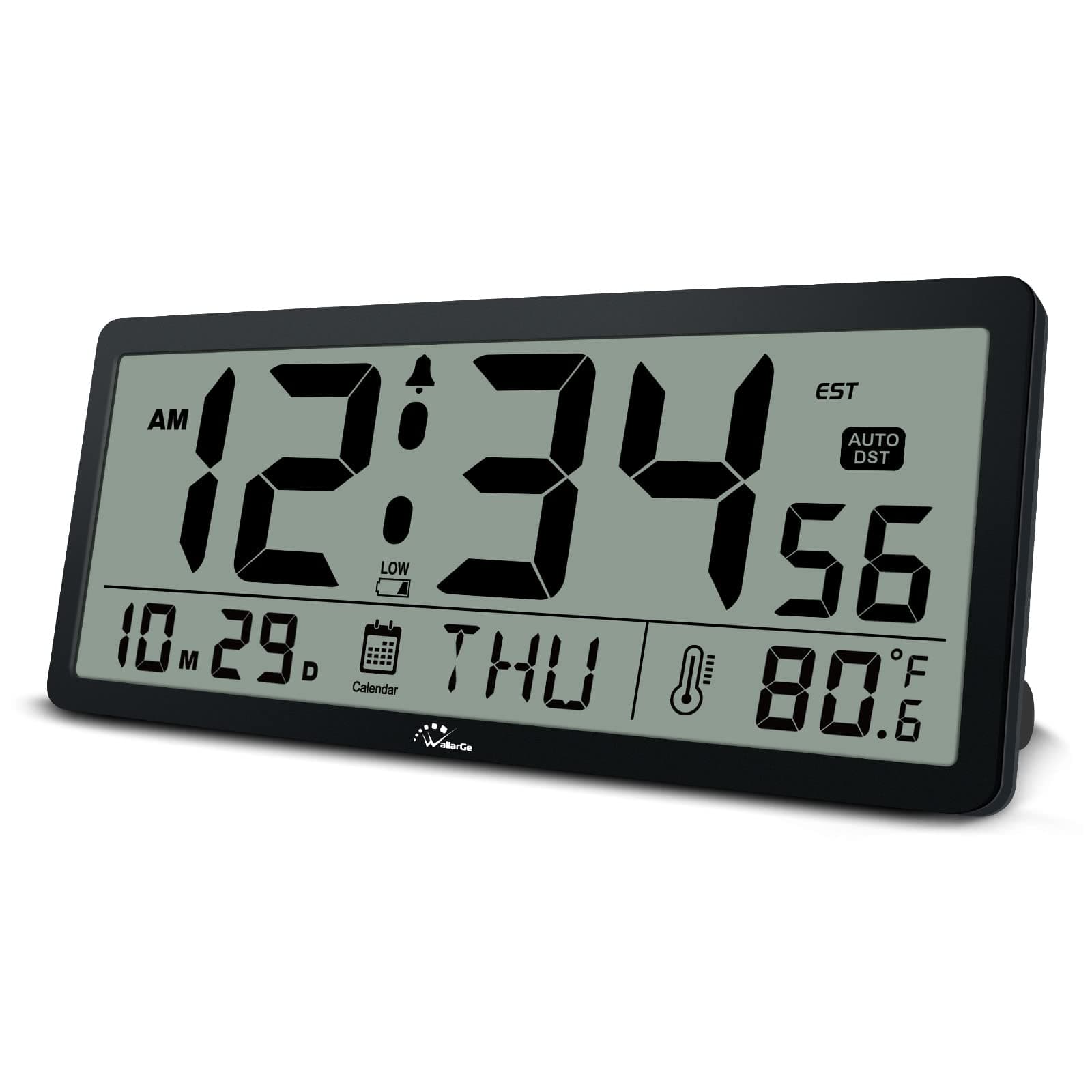 WallarGe Auto Set Large Digital Wall Clock Battery Operated with Temperature, Date, Seconds and Large Display, Auto DST, Great Clocks for Seniors, Living Room and Office 14 Inches