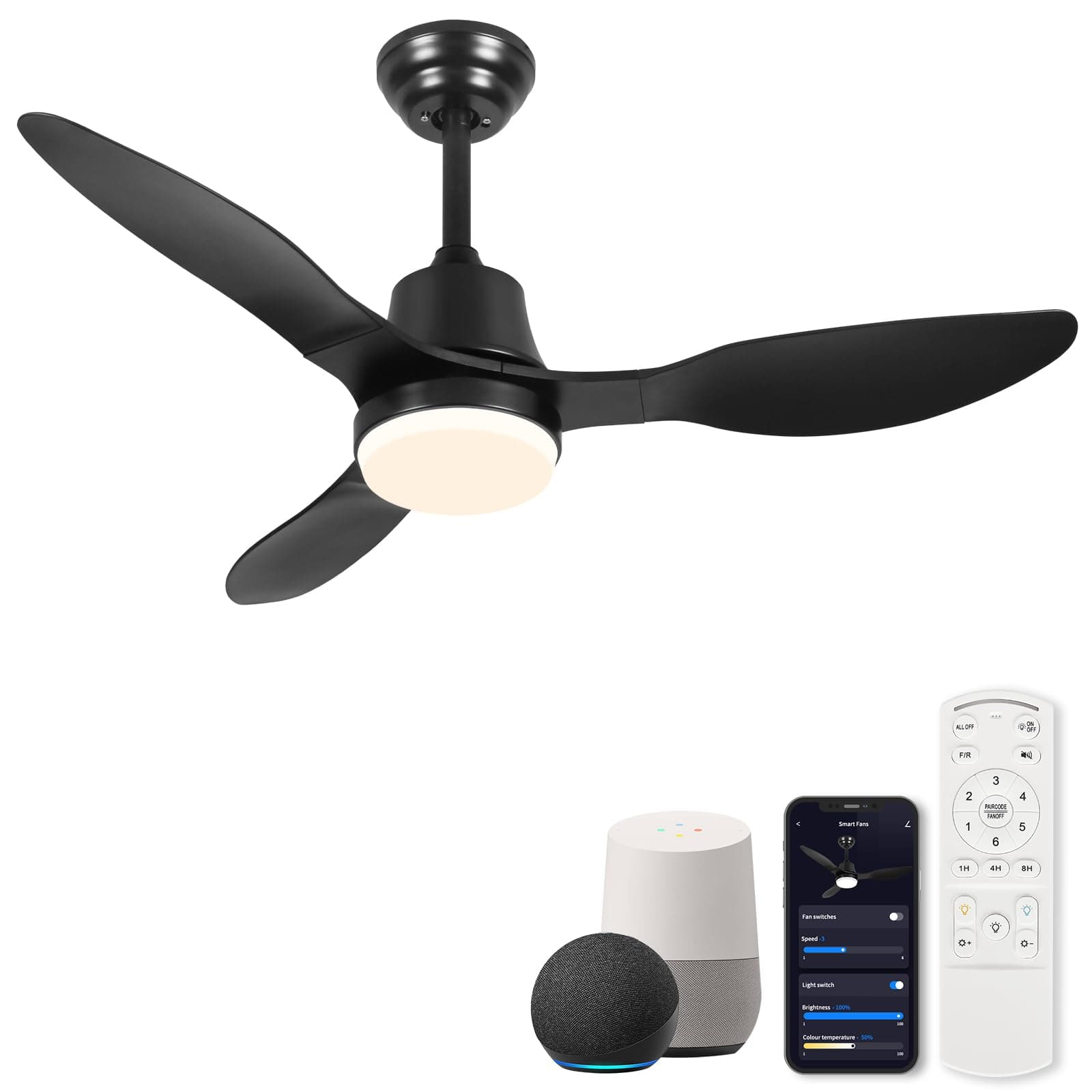 42 Inch Smart Ceiling Fans with Lights Remote LED Dimmable,Outdoor Indoor Modern Ceiling Fan Controlled by WiFi Alexa App,FCC Quiet DC Motor,3 Black Blades for Bedroom Living Room Patio Porch