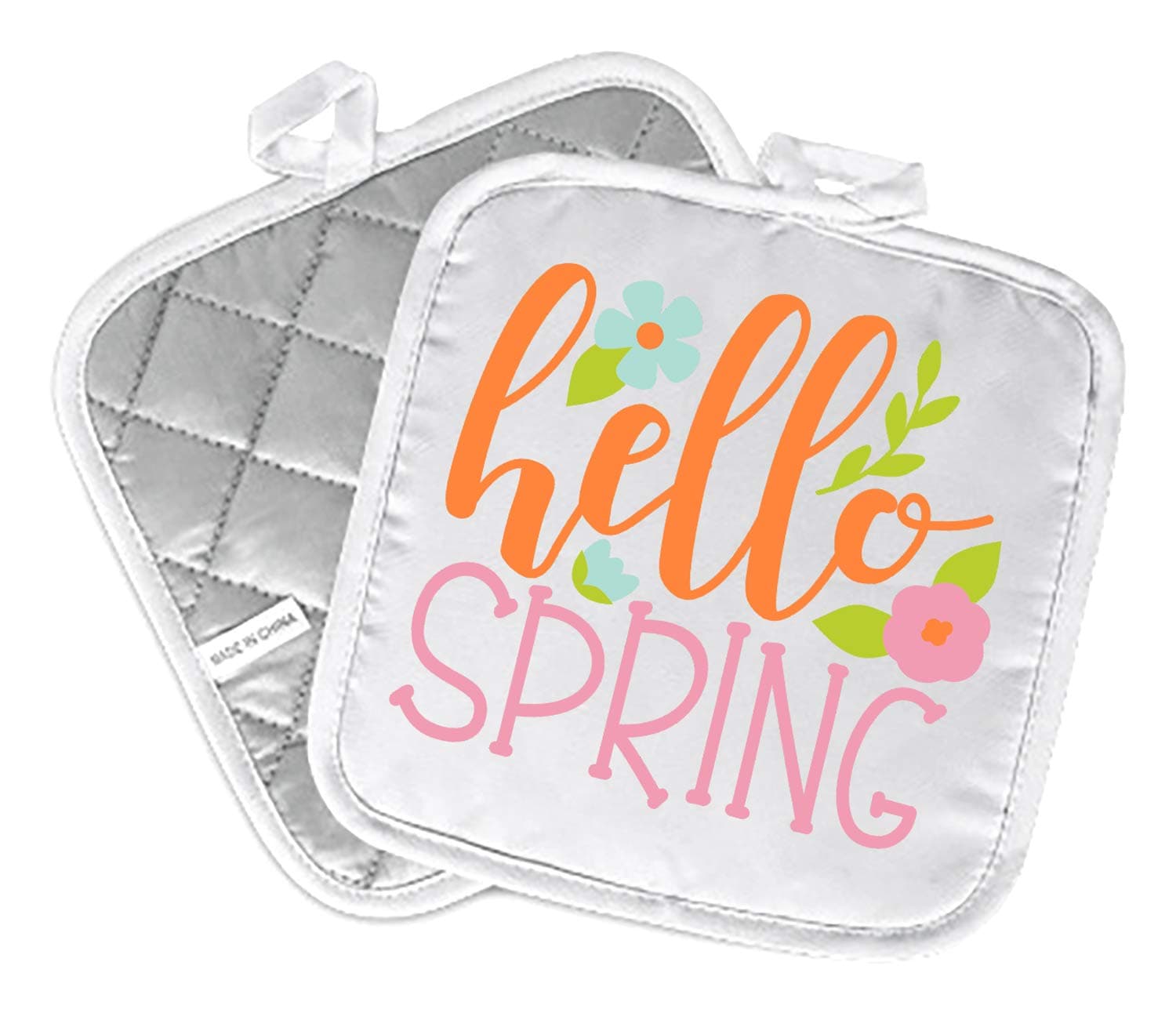 Decorative Kitchen Hot Plate Pot Holder Oven Mitt Set | Hello Spring March April May June Flowers Orange Pink | White Oven Home Decor Holiday Decorations | XMAS Gift Present