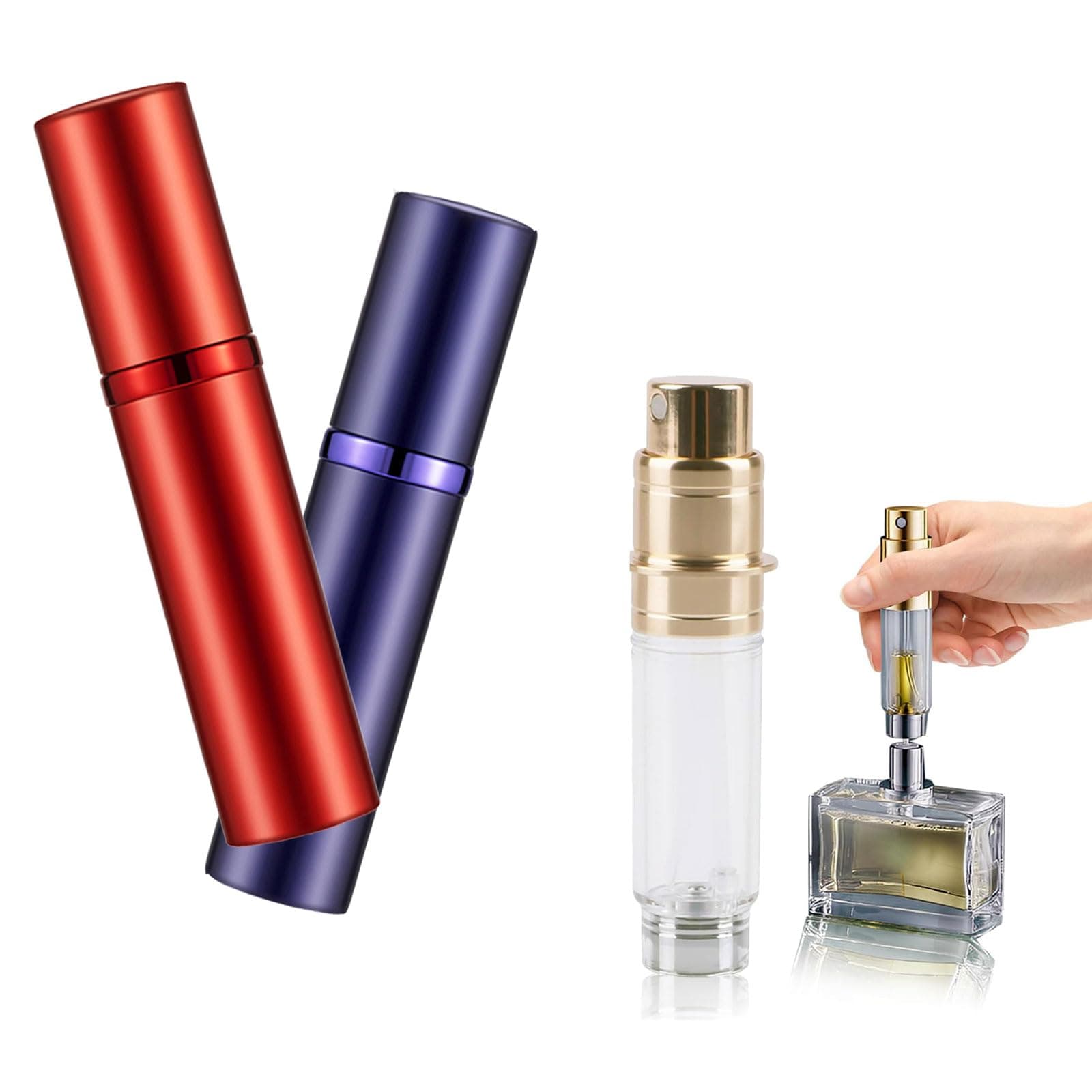 2Pcs Travel Refillable Perfume Bottle : 5ml Mini Portable Perfume Empty Atomisers - Bottom Fill Pocket P-e-r-f-u-m-e Dispenser, Unisex for Travel Vacation Birthday Anniversary (red+purple)