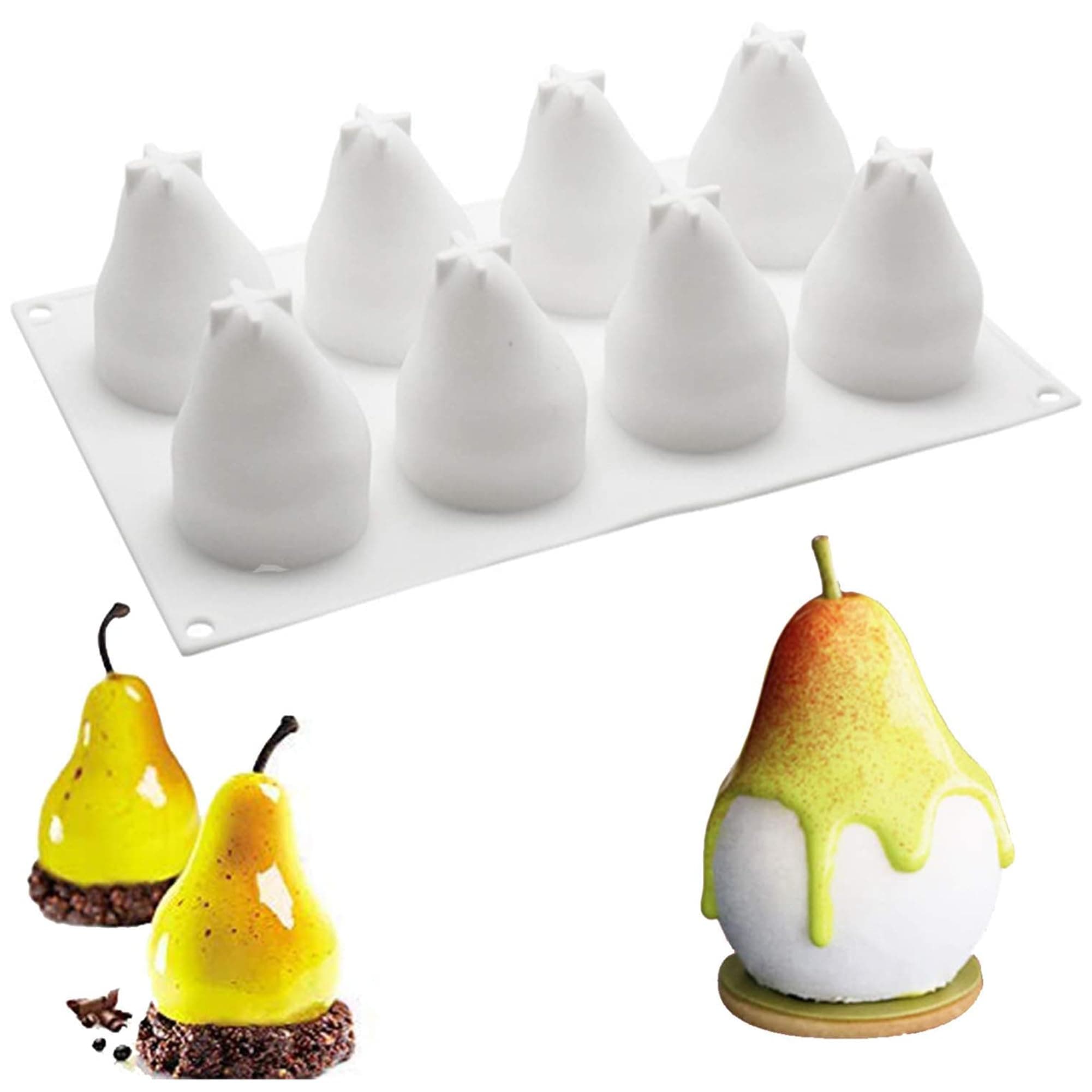 OCPO KITCHEN 3D Pear Silicone Mold for Baking Mousse Cake French Dessert Pastry Chocolate Pudding Cupcake, Non-Stick and Easy Release, Pear Shaped (8-Cavity)