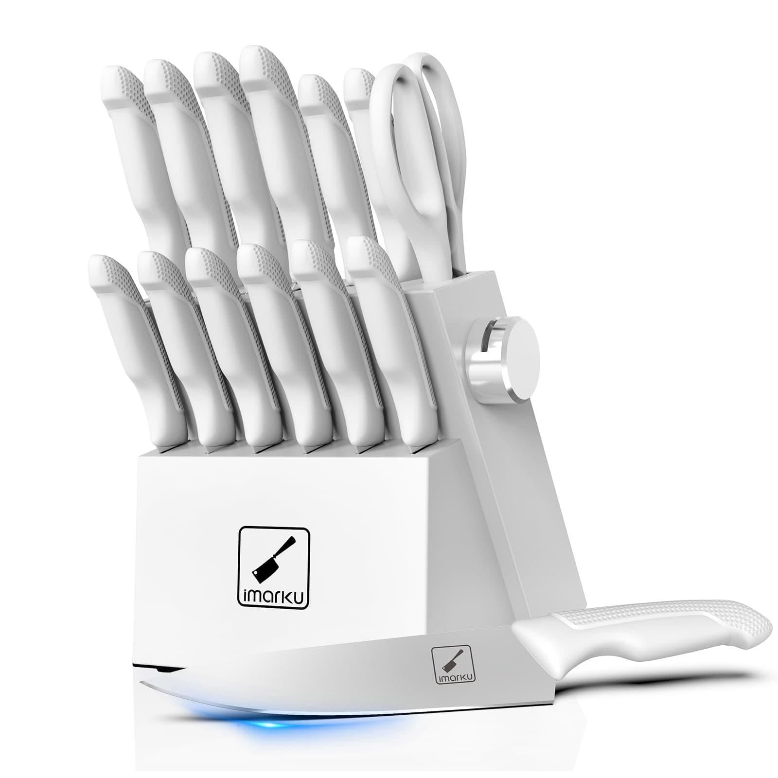 Knife Set With Block, White Knife Sets, Knife Block Set, 14pcs Stainless Steel Kitchen Knife Set, Kitchen Essentials for New Home, Apartment Essentials, Built-in Sharpener, Dishwasher Safe