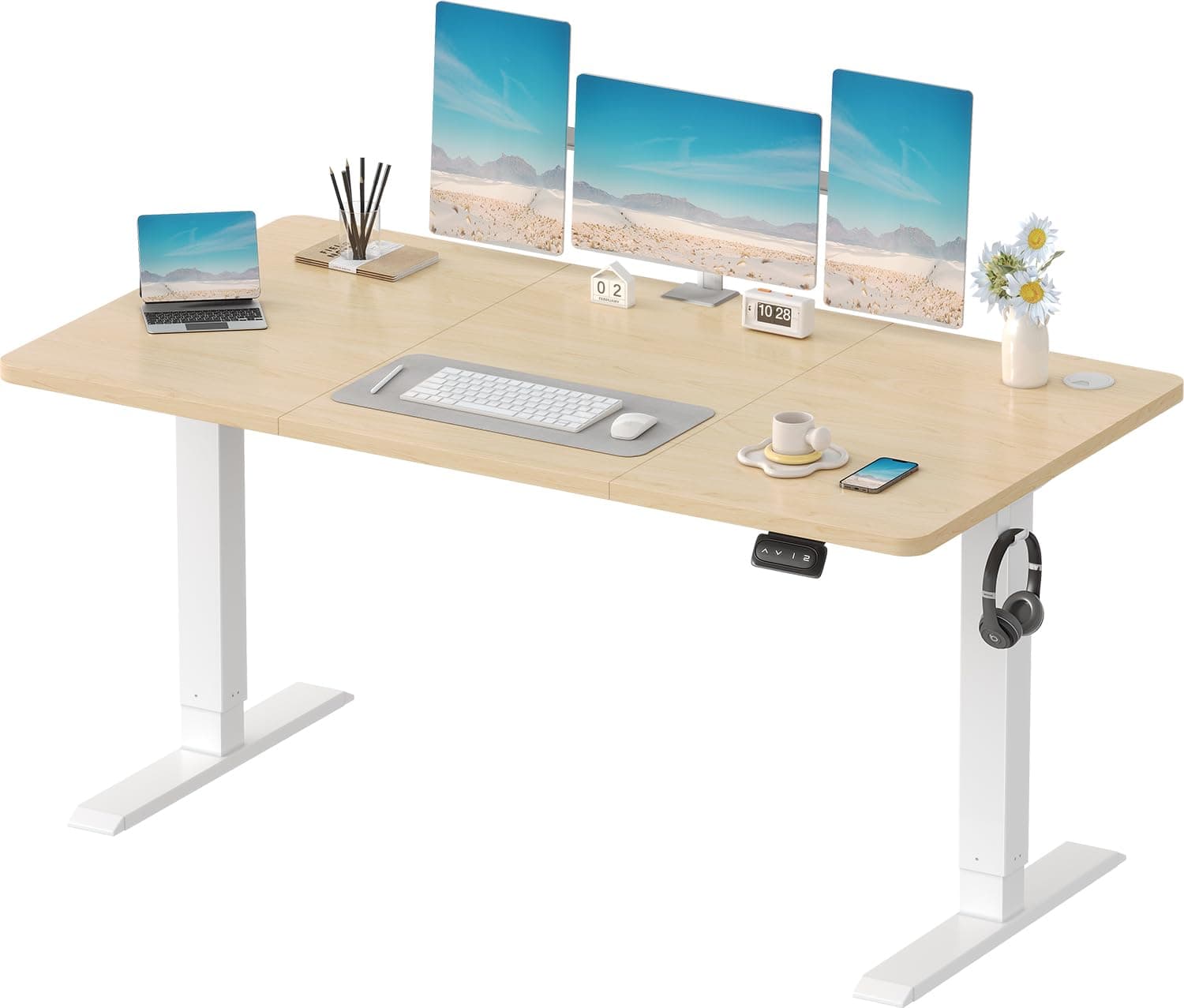 Electric Standing Desk 140x60 cm, Height Adjustable Desk Ergonomic Stand up Table with 2 Memory Preset, Beige
