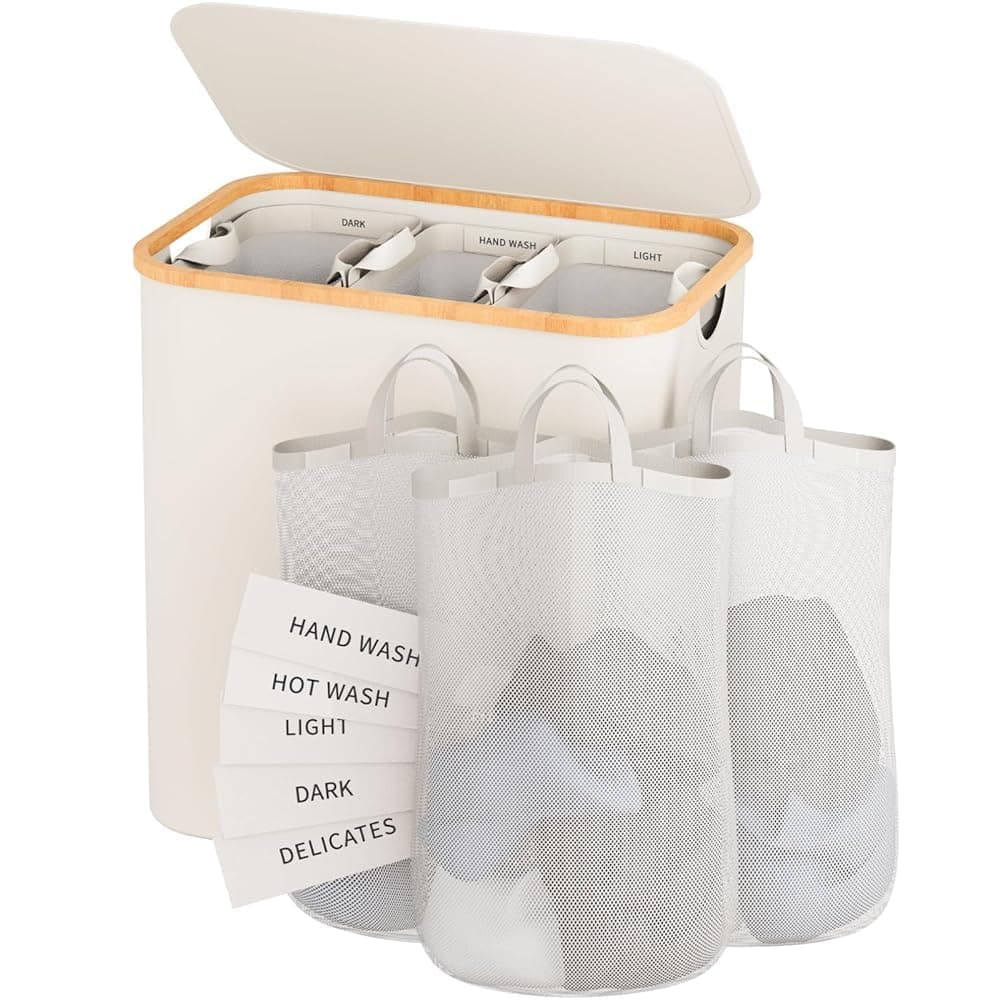 Laundry Hamper 3 Section, 145L Dirty Clothes Hamper with Lid, Extra Large Laundry Basket Organizer with Removable Inner Bags & Labels for Laundry Room, Bedroom, Beige