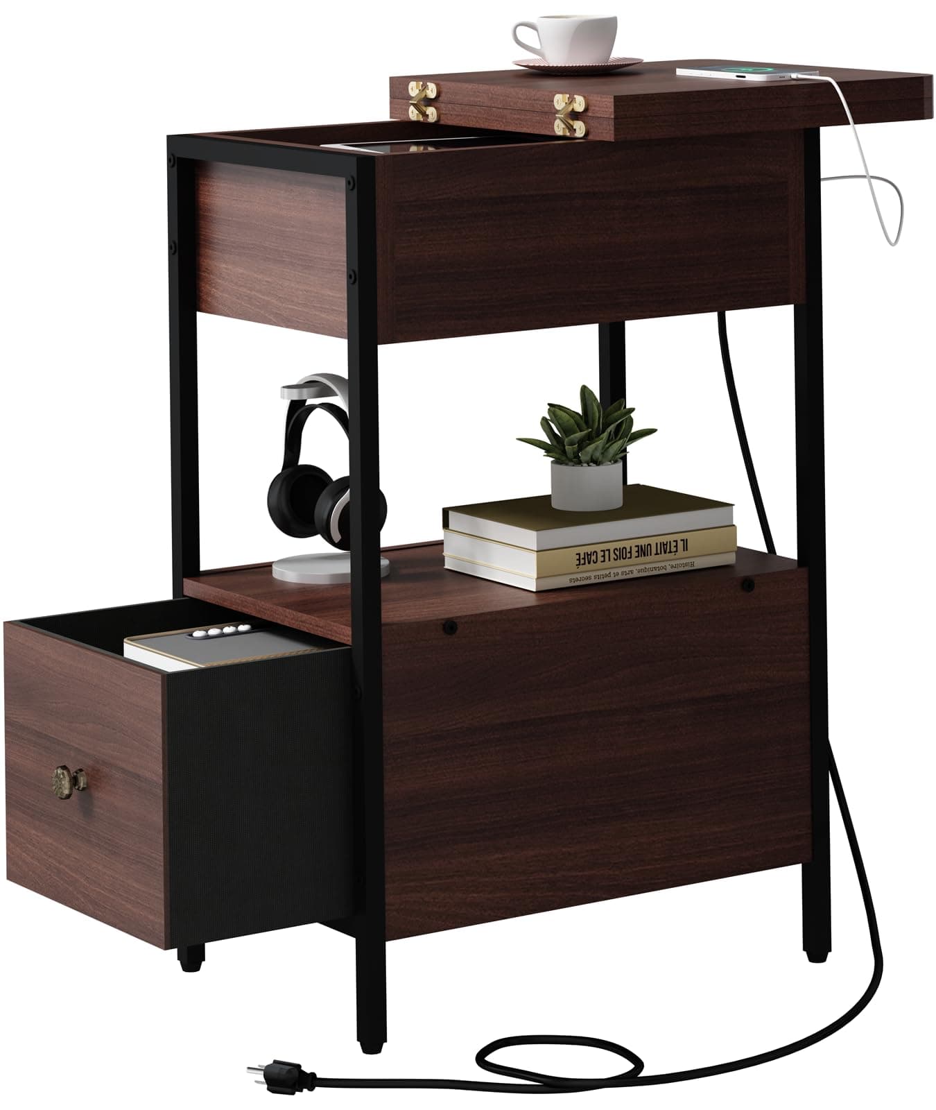 End Table with Charging Station, Narrow Side Table with Flip Top Cabinet and Fabric Drawer, Nightstand Bedside Tables for Small Spaces, Bedroom, Living Room, Dark Cherry