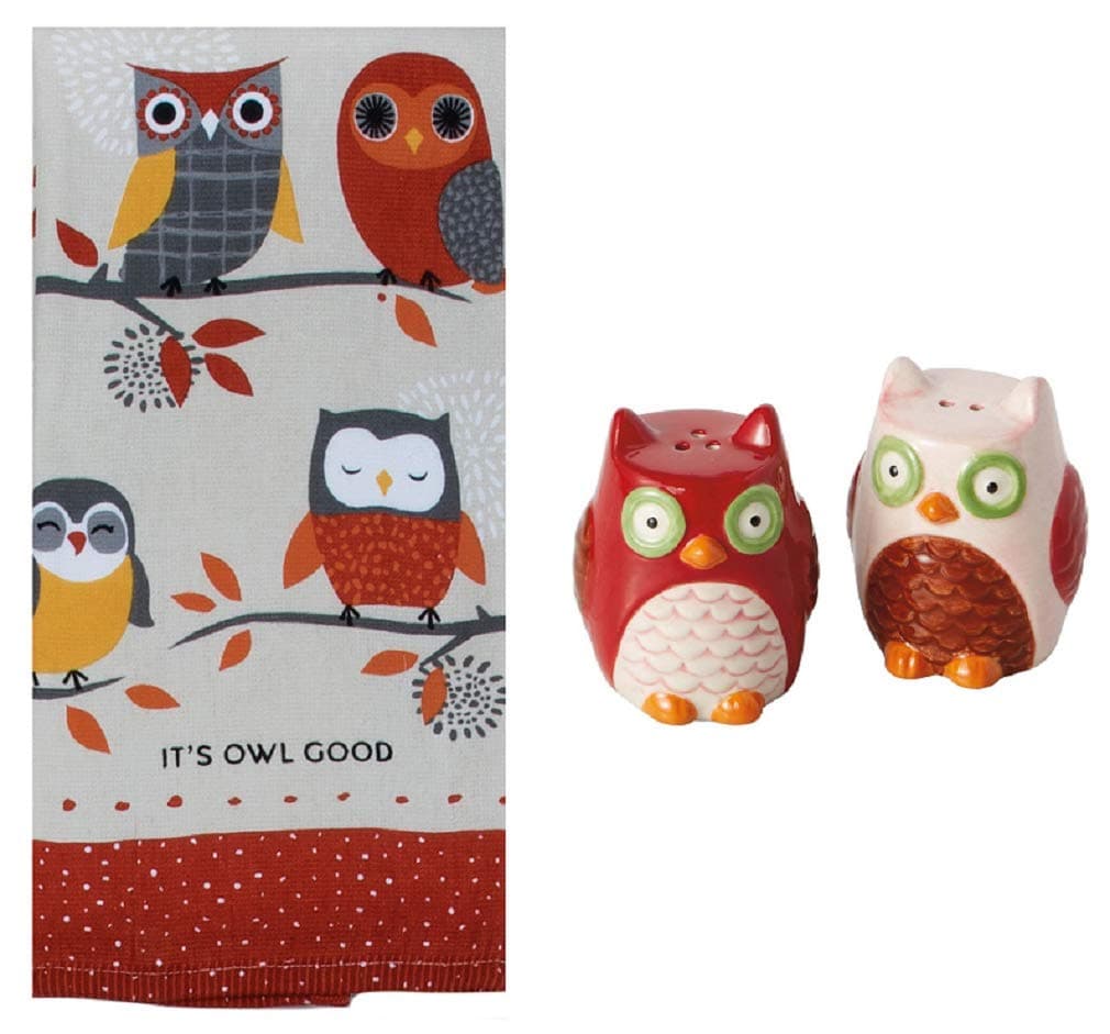 3 Piece Owl Kitchen Accessory Bundle, Towel with Salt and Pepper Shaker Set