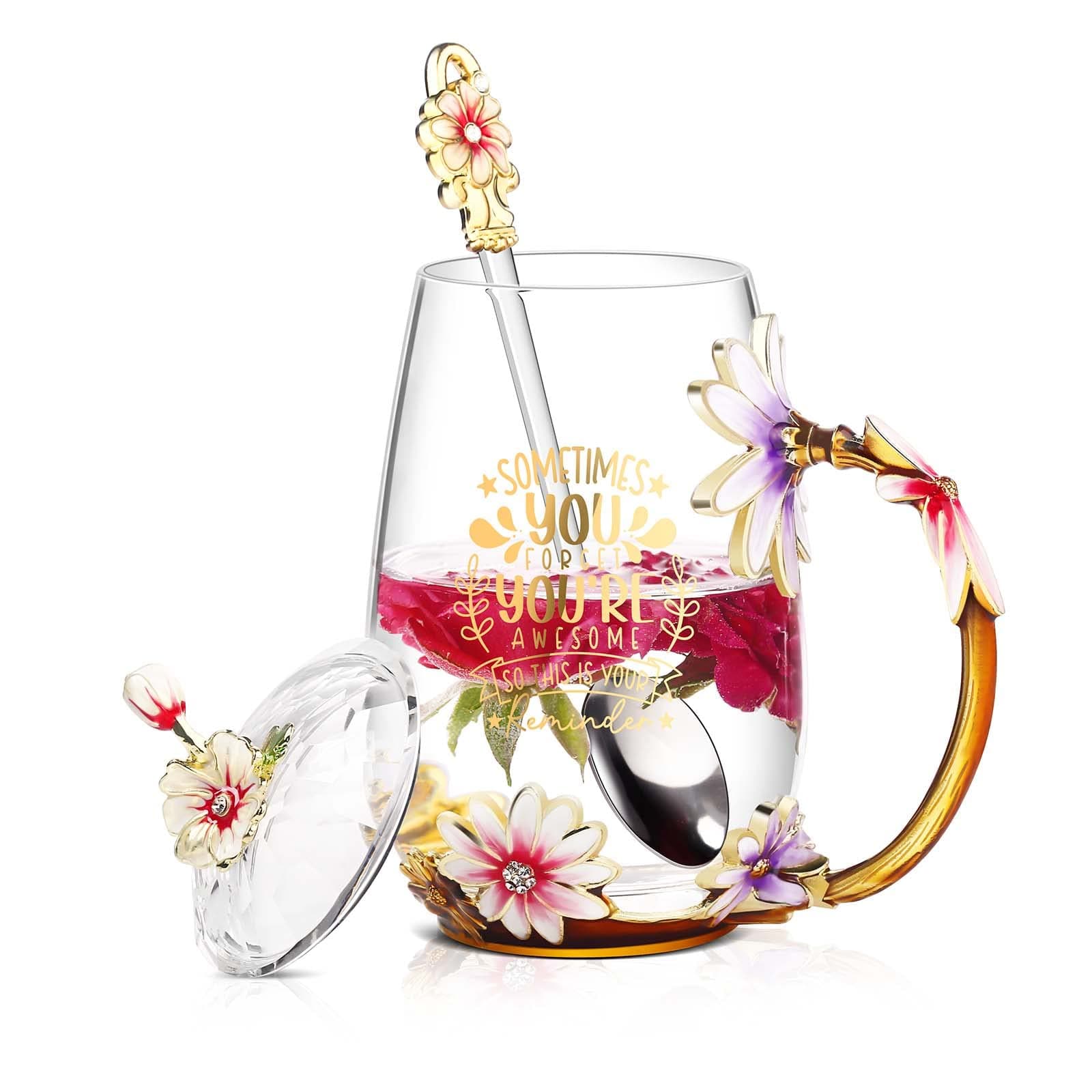 Luka Tech Flower Glass Mug Tea Cup Unique Gift Idea for Birthday Mothers Day Christmas, Sometimes You Forget That You are Awesome Inspirational Thank You Gifts for Women, Coworker, Friends,Female