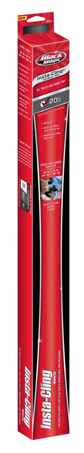 Custom Accessories Black Magic® Insta-Cling® 20% VLT Tinted Window Film, Reusable Car Window Tint, Privacy Film, Stick-On Auto Tint Kit, 26 Inches x 78 Inches