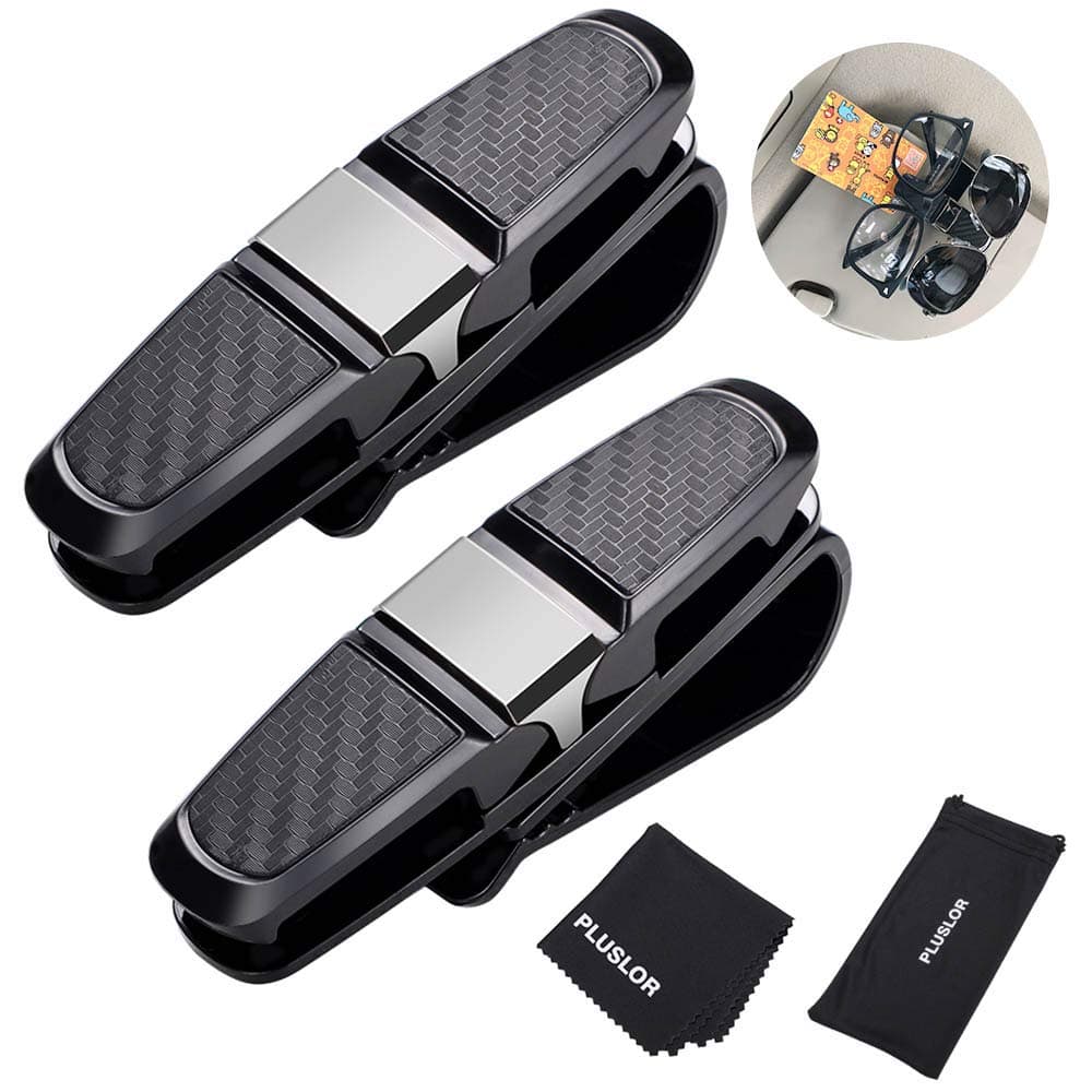 PLUSLOR Double Sunglass Holder for Car, 2 Pack Visor Sunglasses Clip for Car with Microfiber Cleaning Cloth & Storage Pouch