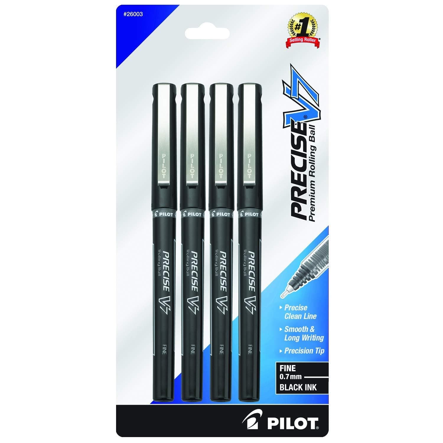 Precise V7, Capped Liquid Ink Rollerball Pens, Fine Point 0.7 mm, Black Ink Pens, Pack of 4 - Ideal for School, Journaling & Office Writing