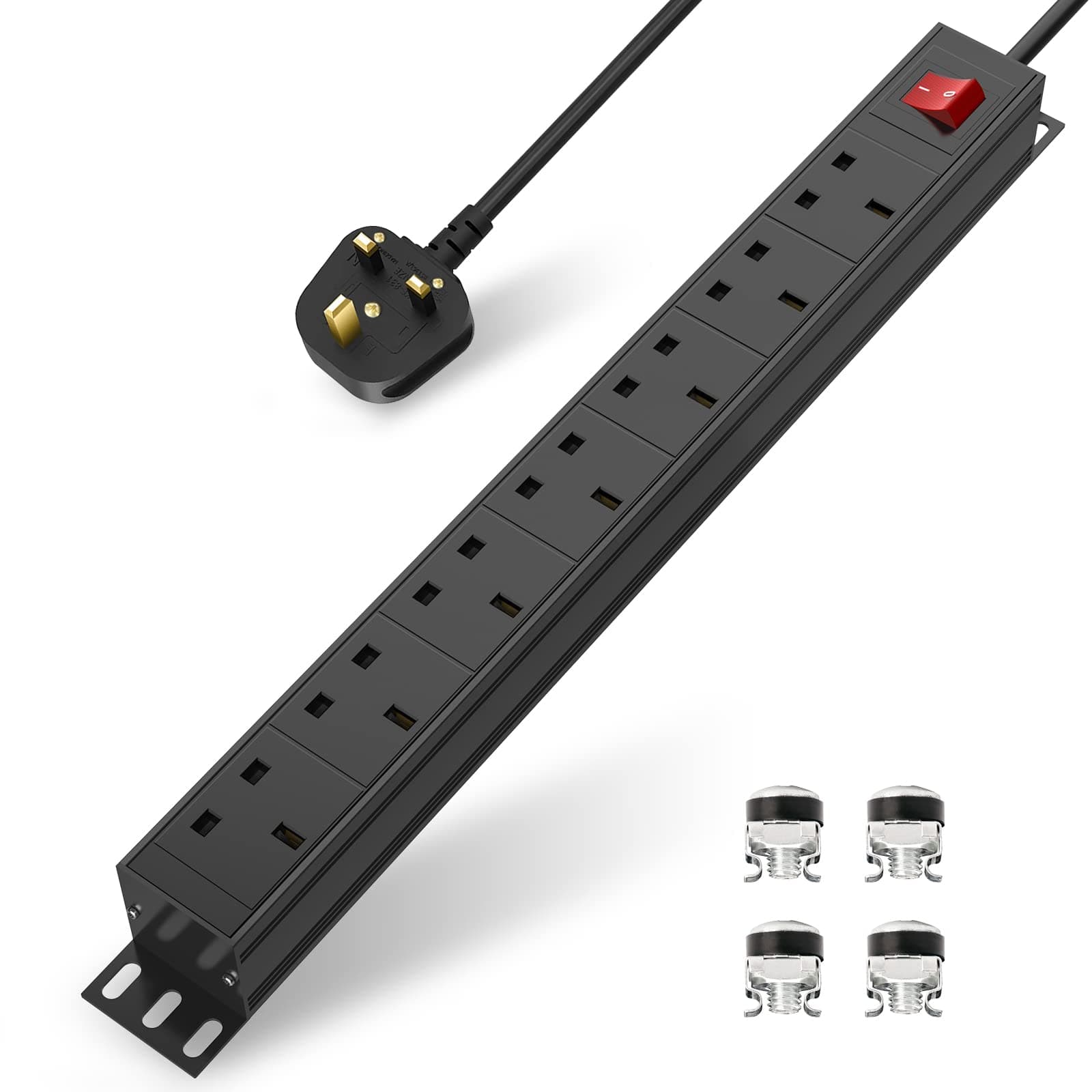 Extension Lead Power Strip, 7 Way Extension Plug Sockets with Cable, Wall Mountable Power Socket, 13amp Power Distribution Unit Rack Mount with Mounting Brackets, Surge Protection,1,8M