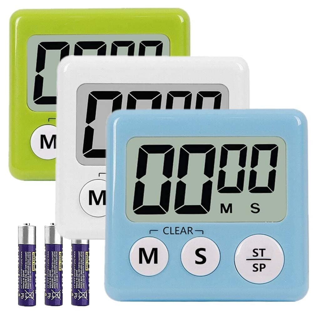 3 Pack Digital Kitchen Timer Cooking Timers Clock with Alarm Magnetic Back and Stand, Minute Second Count Up Countdown, Large LCD Display Batteries Included