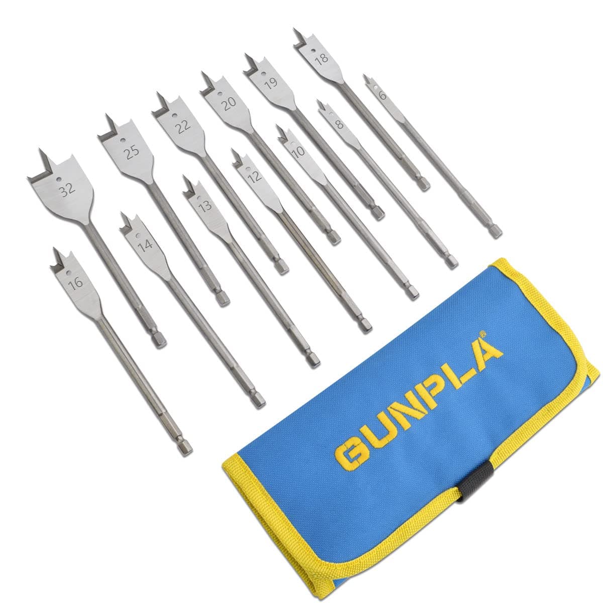 Gunpla 13 Pieces Spade Drill Bits Set 6-32mm, Carbon Steel Heavy Duty Hex Shank Paddle Bit Tools Woodworking Drilling Flat Bits Blades Kit with Storage Pouch for Plywood Plastics Chipboard Cuts
