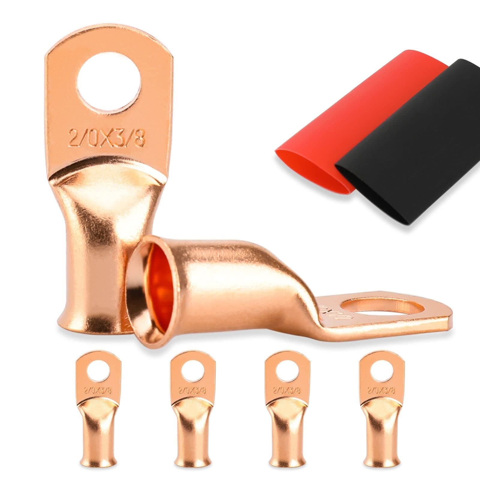 4PCS Battery Cable Ends, 2/0 Gauge Wire Connectors 3/8 Copper Wire Lugs, Bare Copper Eyelets with Heat Shrink Tubing by HOUSUN
