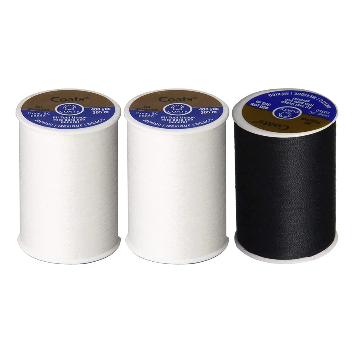 3-Pack -2 WHITE & 1 BLACK - Coats & Clark Dual Duty All-Purpose Thread - 2 White plus 1 Black Spools, 400 Yard Spool each.