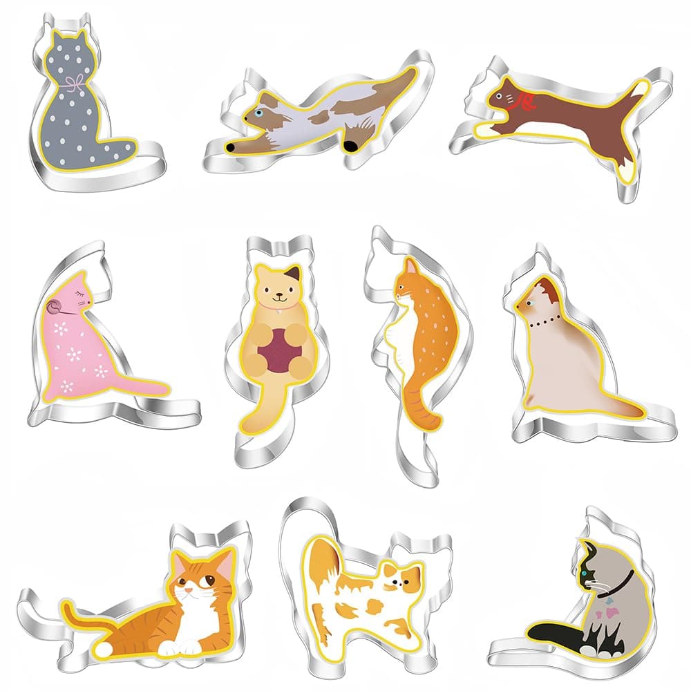 Cat Shaped Cookie Cutters Set,10pcs molds For Cake/Cookie,Stainless Steel Cake Tools For Kids,Party Accessories By MrCookie, Medium, Silver