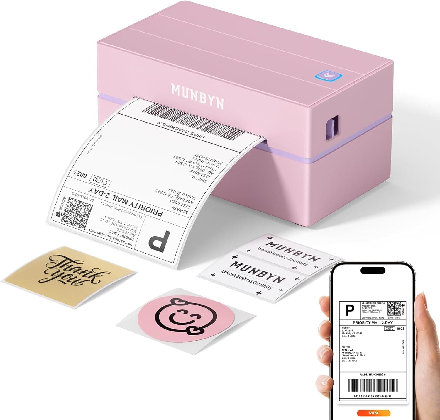 MUNBYN Shipping Label Printer Bluetooth, Postage Thermal Label Printer 4x6 for Business, Compatible with Etsy, Shopify, eBay, Amazon, Royal Mail, DHL, DPD, Evri, with 25 Labels, 130B, Pink