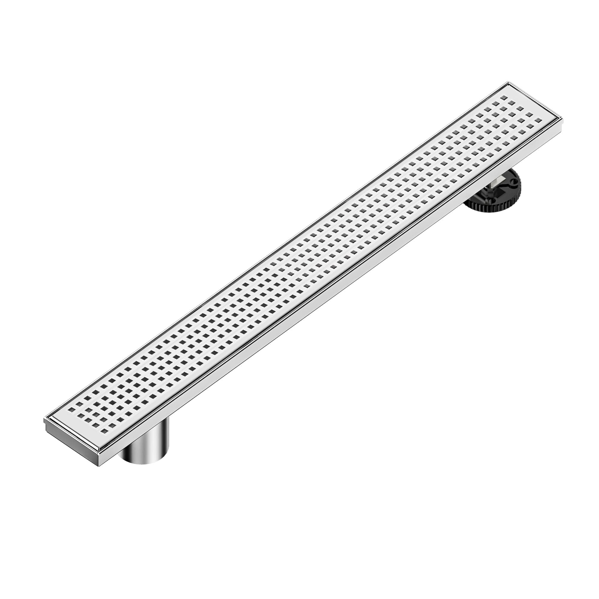 - 24-Inch Offset Side Outlet Linear Shower Drain with Quadrato Pattern Grate Cover, Brushed 304 Stainless Steel Rectangle Shower Floor Drain, with Leveling Foot, Hair Strainer Catcher