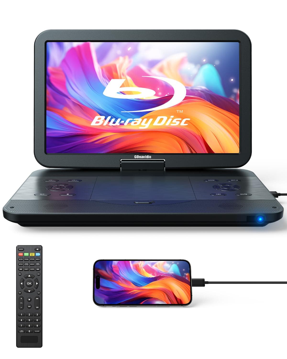 GOnavidio 17.6" Portable Blu Ray DVD Player with 15.4" Screen, HDMI Input/Output, Sync Screen, 5 Hours Playing Time, 1080P MP4 MKV Video, Surround Audio, USB SD