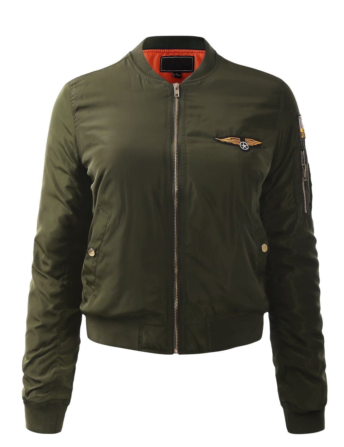 AMORE ALLFY Women's Stylish Zip Up Bomber Jacket with Patch Olive Small
