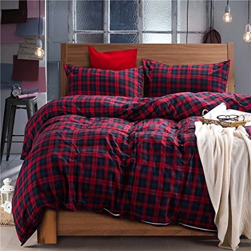 Deep Sleep Home 100% Cotton Flannel Fabric 300 Thread Count Percale Dark Red Blue Plaid Design 4pc Duvet Cover Set Wrinkle Resistance Full/Queen Size(Full, Dark Red-ED)