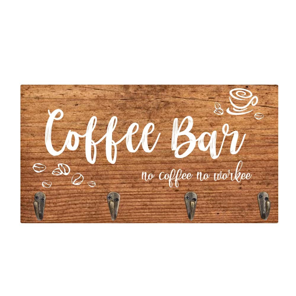 Stegodon 4-Hook Wall Mounted Coffee Mug Holder Wood Cup Hooks Mug Rack for Home, Kitchen, Coffee Bar Decor-Coffee Bar No Coffee No Workee, Brown, (17.5”x 7.8”x1.5”(5”))