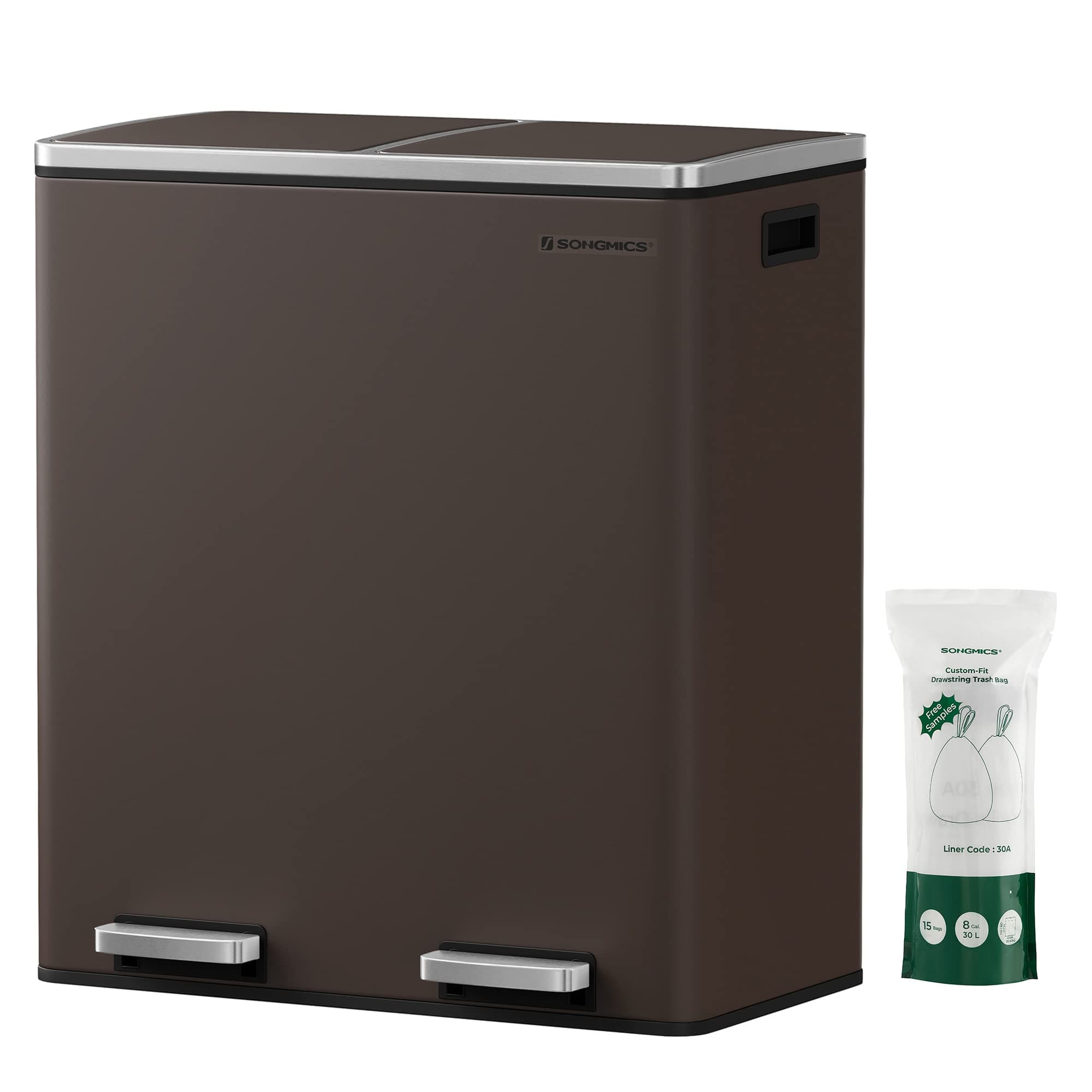 SONGMICS Trash Can, 2 x 8 Gallon (2 x 30 L) Garbage Can for Kitchen, with 15 Trash Bags, 2 Compartments, Plastic Inner Buckets and Hinged Lids, Airtight, Brown ULTB60BR