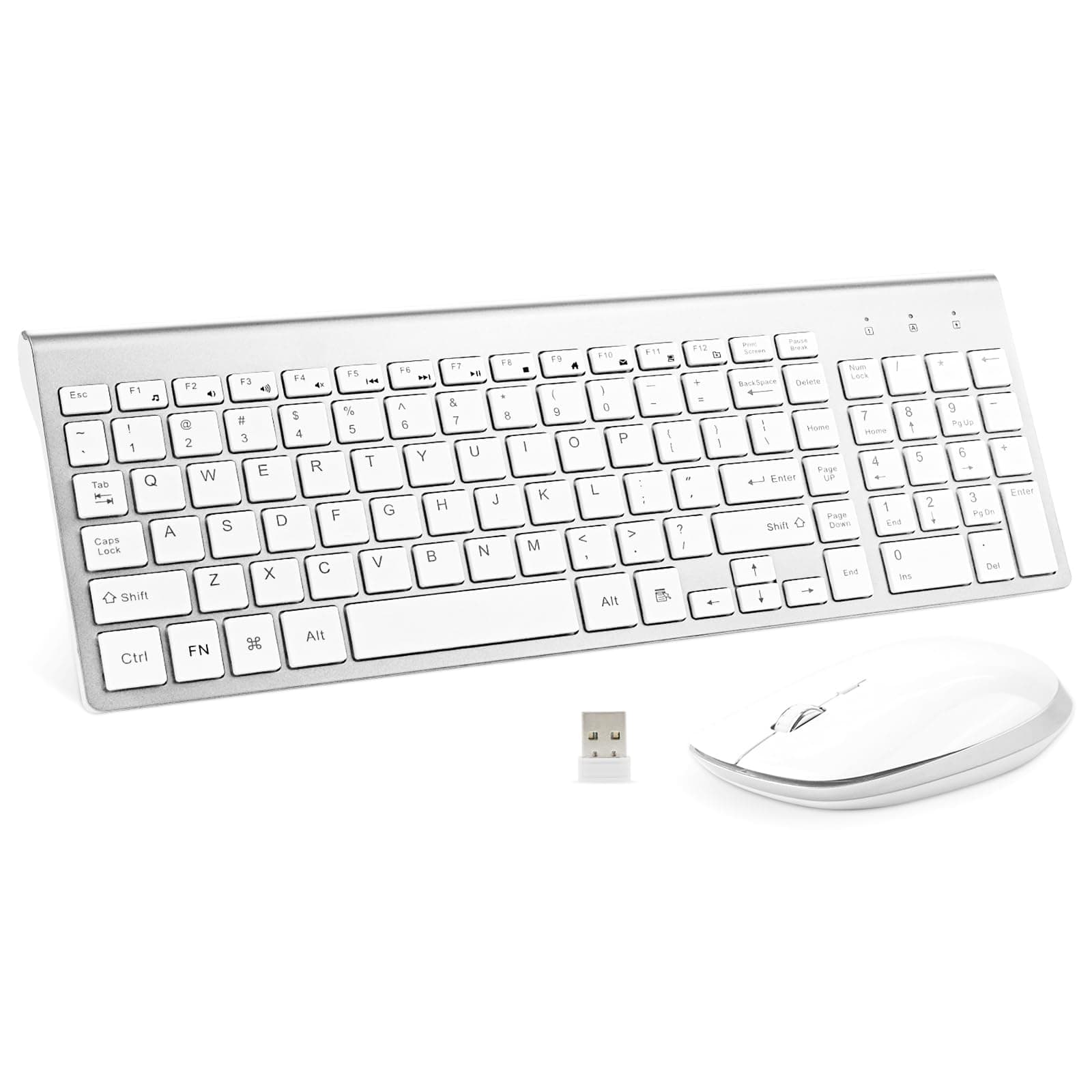 Wireless Keyboard and Mouse, USB Slim Compact Keyboard with number pad, Ergonomics Quiet Keyboard Mouse for Laptop Computer PC Mac Windows, White Silver