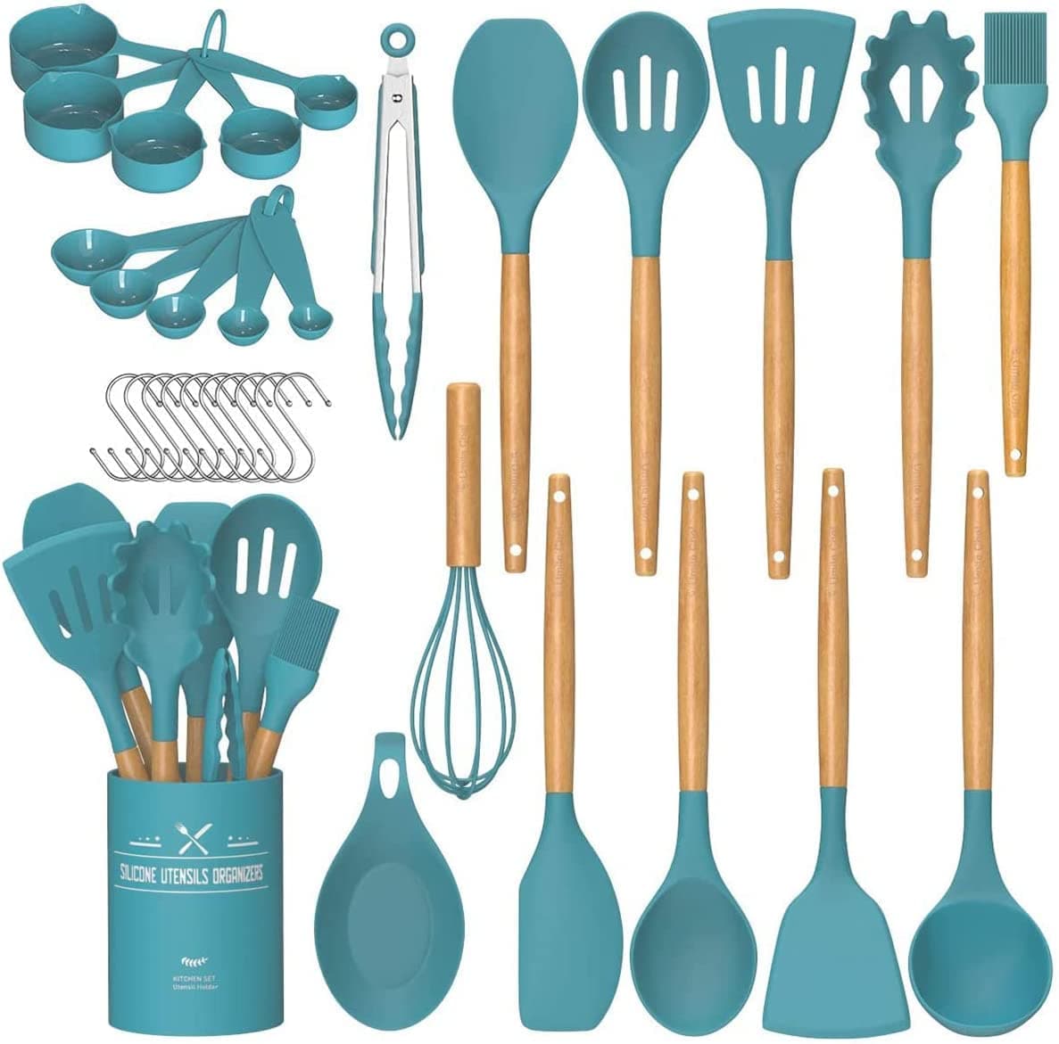 Umite Chef Kitchen Utensils Set, Non-Stick Silicone Kitchen Utensils, Spatula Set with Holder, Wooden Handle, Heat Resistant Silicone, 24 Pieces