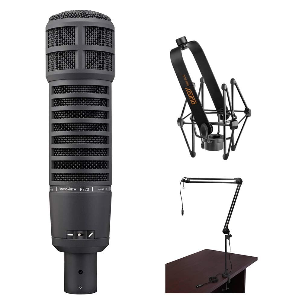 RE20 Broadcast Announcer Microphone (Black) Bundle with Mic Shockmount & Broadcast Arm,XLR