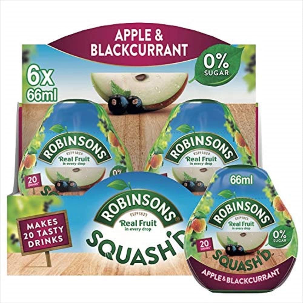 Robinsons SQUASH'D, 0 Percent Sugar, Real Fruit Squash, Low Calorie, Apple & Blackcurrant, Makes 20 Drinks Per Pack, 6 x 66 ml Packs